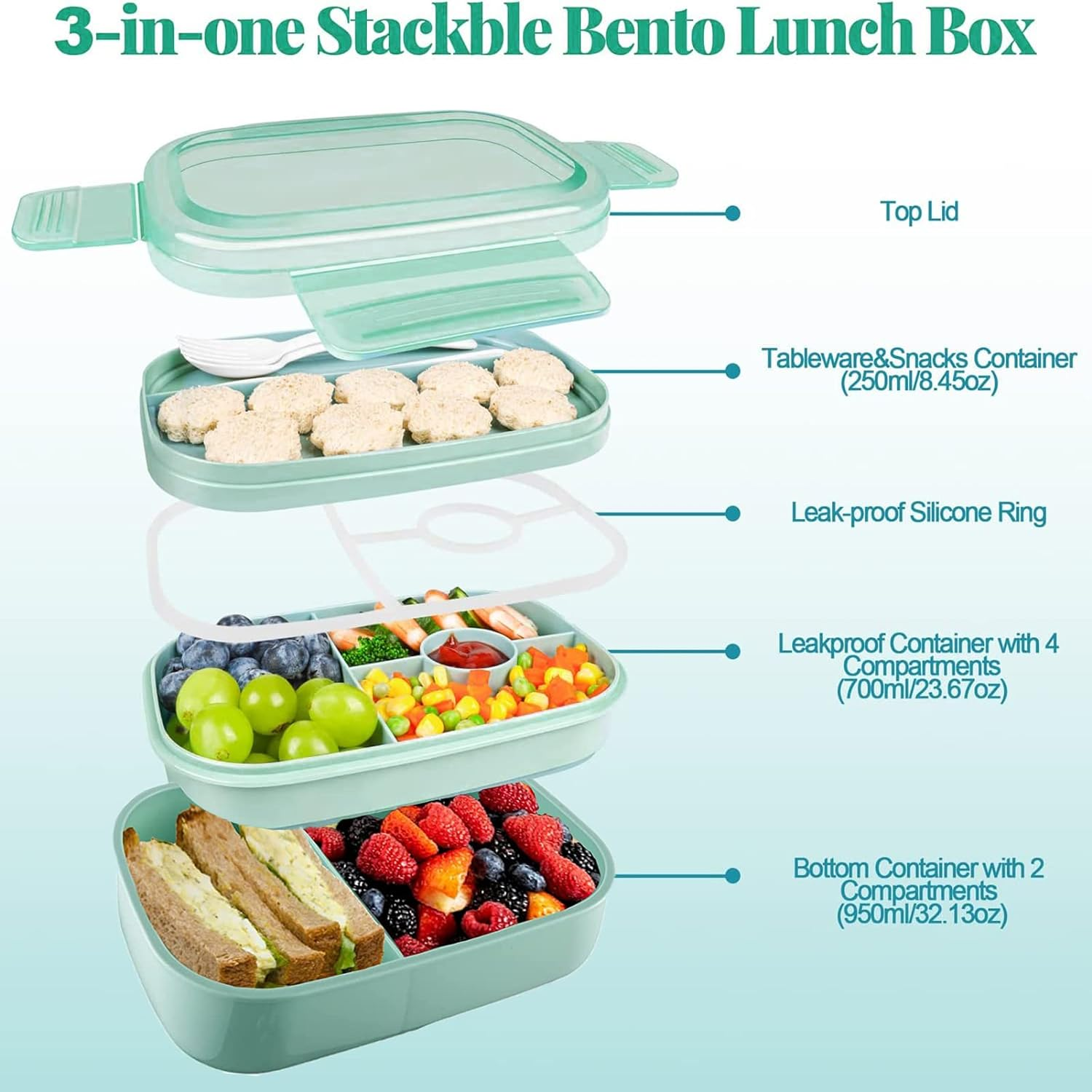 Stackable Bento Box Adult Lunch Box,3Layers Lunch Containers with Compartments for Kids,Large Capacity 1900Ml Bento Box with Utensil Set and Silicone Cake Cups, Bento Lunch Box Is Microwave Safe image number 4