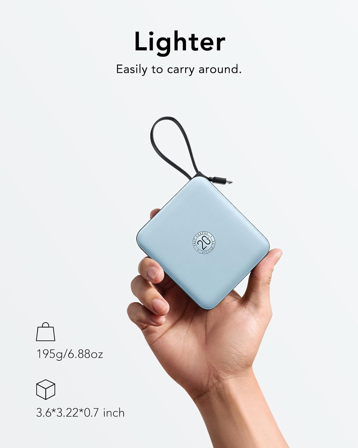 VRURC Portable Power Bank Built-In Cables, 10000Mah 22.5W Fast Charging USB C Battery Pack, Phone Charger Battery & LED Display, for Phone,Blue image number 4