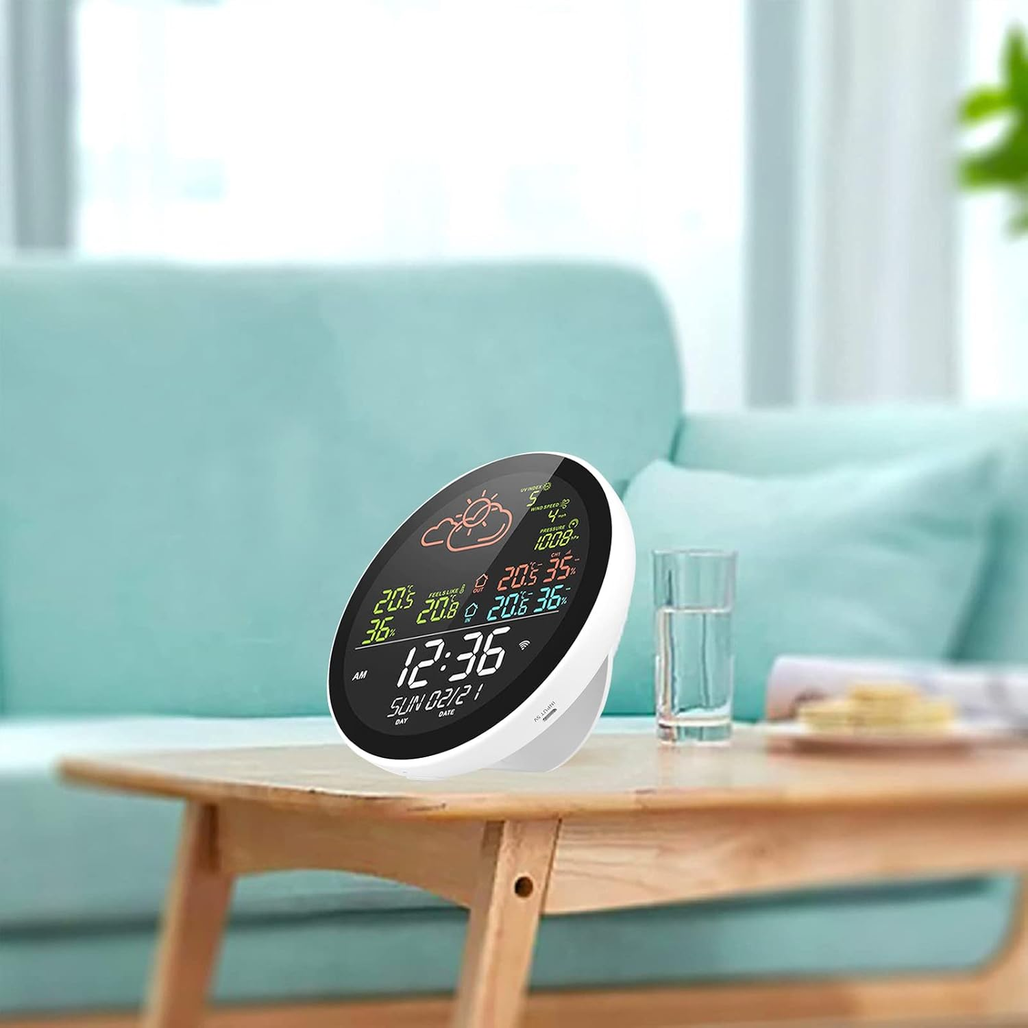 RAYWE Tuya Wifi Smart Weather Station with Clock Indoor and Outdoor Temperature&Humidity Meter Multifunctional Large Color Screen Weather Clock Temp.&Humidity Gauge with 1 Sensor image number 3