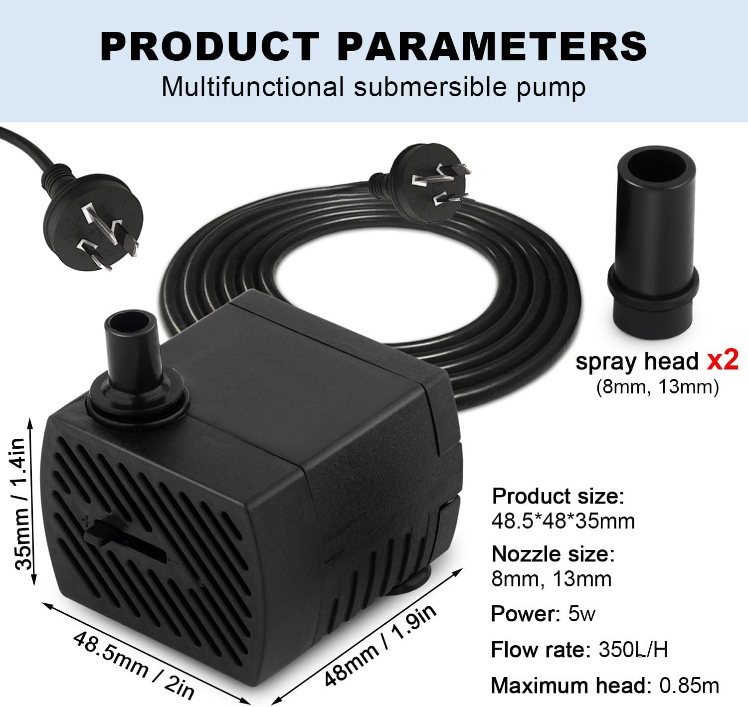 Mini Submersible Pump, 350L/H Aquarium Submersible Water Pump, 5W Ultra Quiet Adjustable Pump for Gardening, Wigwams, Fish Tanks, Gardens, Fountains, with Two Diameter Nozzles image number 5