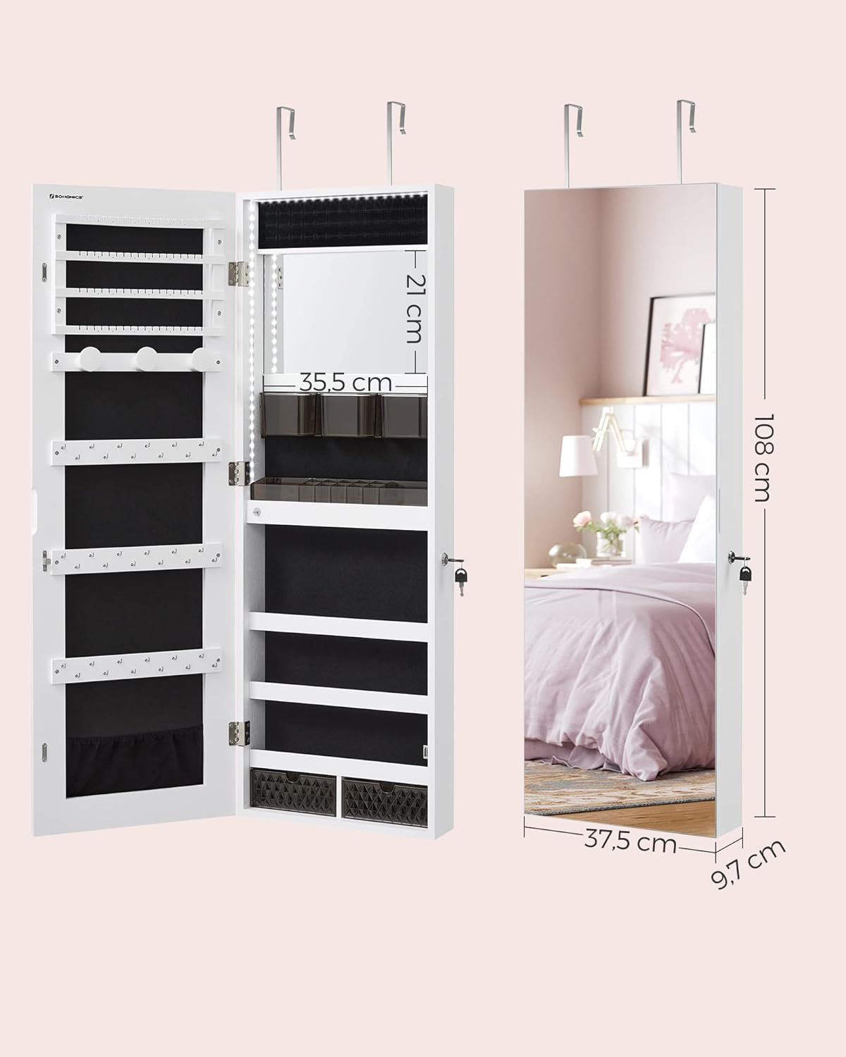 SONGMICS Jewelry Cabinet Armoire Organizer with LED Lights, Wall-Mounted Storage Cabinet with Full-Length Frameless Mirror, Built-In Makeup Mirror, 2 Drawers, Lockable, White UJJC013W01 image number 3