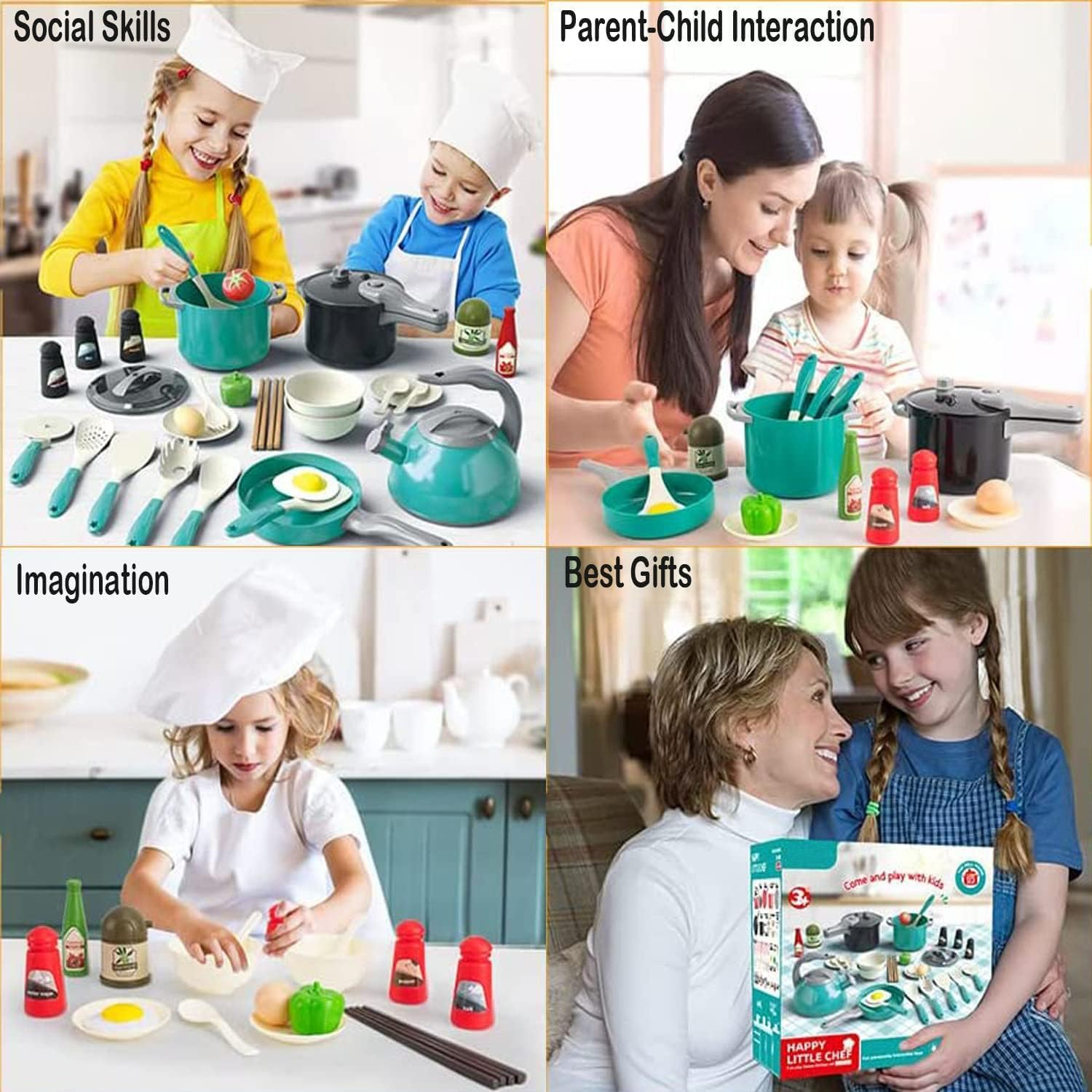 32Pcs Kids Kitchen Accessories Set,Toddlers Pretend Cooking Playset,Play Kitchen Toy with Pots Pans, Utensils Cookware, Foods, Canned Veges, Play Food Sets Toys for Kids Girls Boys(Green) image number 4