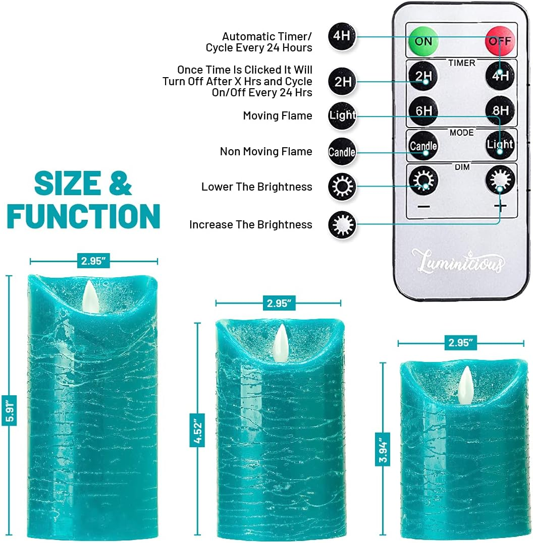 Flameless Candles Flickering LED | Battery Operated Electric Pillar Candle | Realistic Moving Flame Flicker with 2 Remote Controls & Timer | Real Wax Tempo Teal | Great Home Decor | Decorative Gift - Gold image number 4