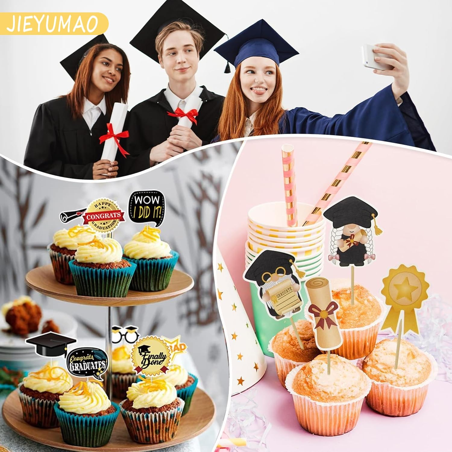 39Pcs Graduation Cake Topper, Black Gold Grad Cake Decor with Graduation Banner, Grad Cap Diploma Cupcake Picks Graduation Cupcake Toppers for Graduations Party Decorations image number 1