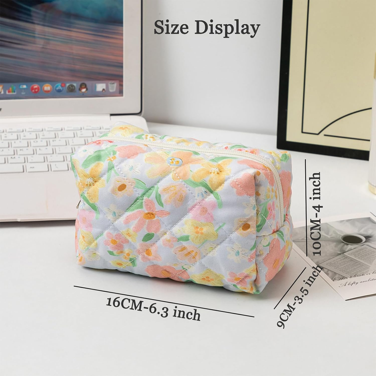 Makeup Bag Quilted Cosmetic Bag Floral Large Pouch,Coquette Toiletry Bag Travel,Large Capacity Aesthetic Makeup Bags Zipper - Flowers 2 image number 4