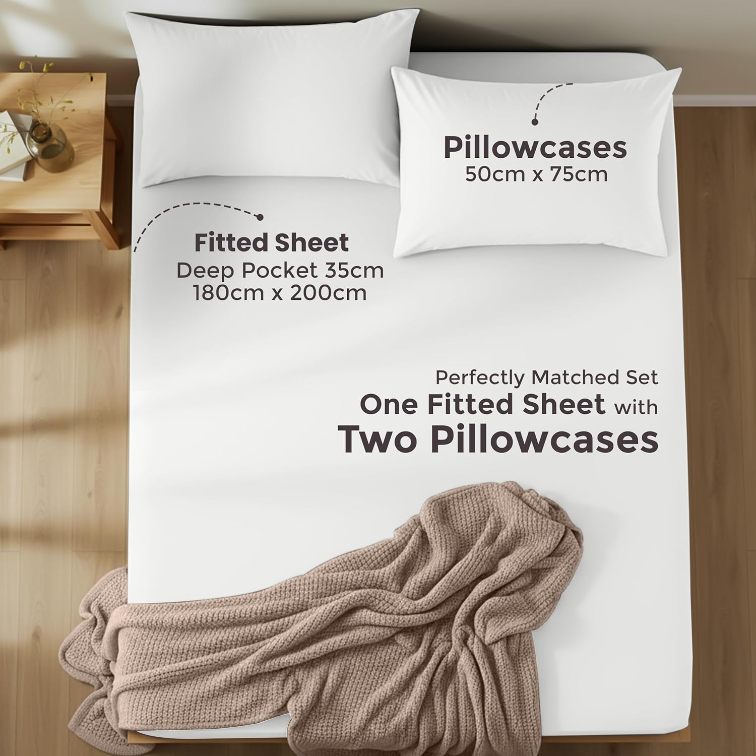 NY Threads Fitted Sheet with 2 Pillow Cases (50X75Cm) - Deep Pocket (35 Cm) (White, King) image number 5