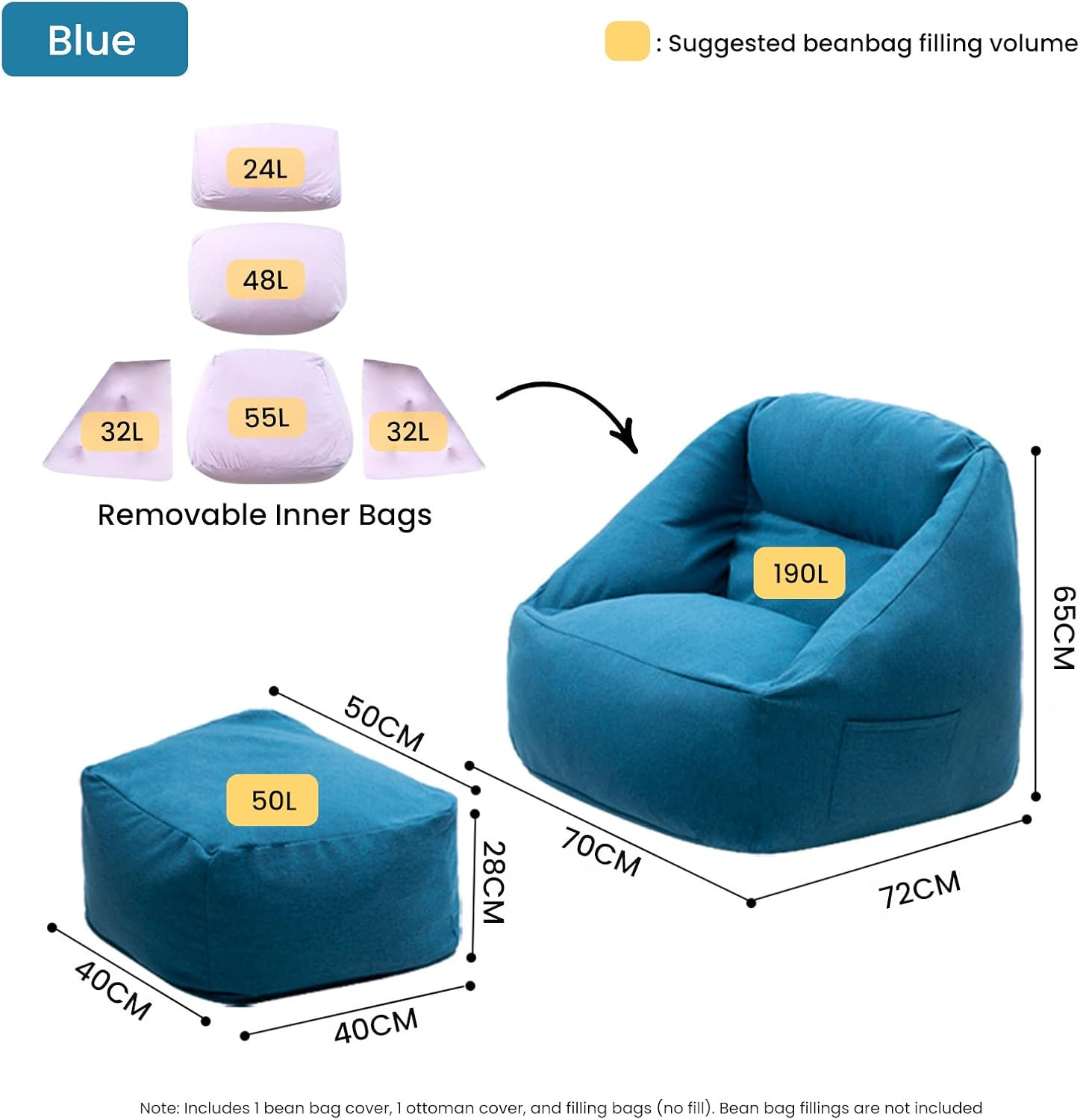 Viviendo Bean Bag Chair Cover (No Filler) for Kids and Adults with Armrest and Ottoman, Stuffable Storage Bag with Zipper, Soft Comfy Extra Large Bean Bag Chair Lazy Lounger Floor Sofa Blue image number 2