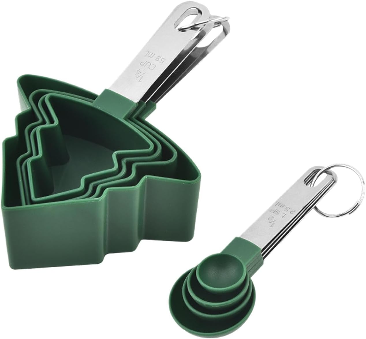 Measuring Cups and Spoons Set | 8X Christmas Tree-Shaped Measuring Spoons with Stainless Steel Handle - Accurate Green Measuring Cups for Cooking and Baking Dry and Liquid image number 1