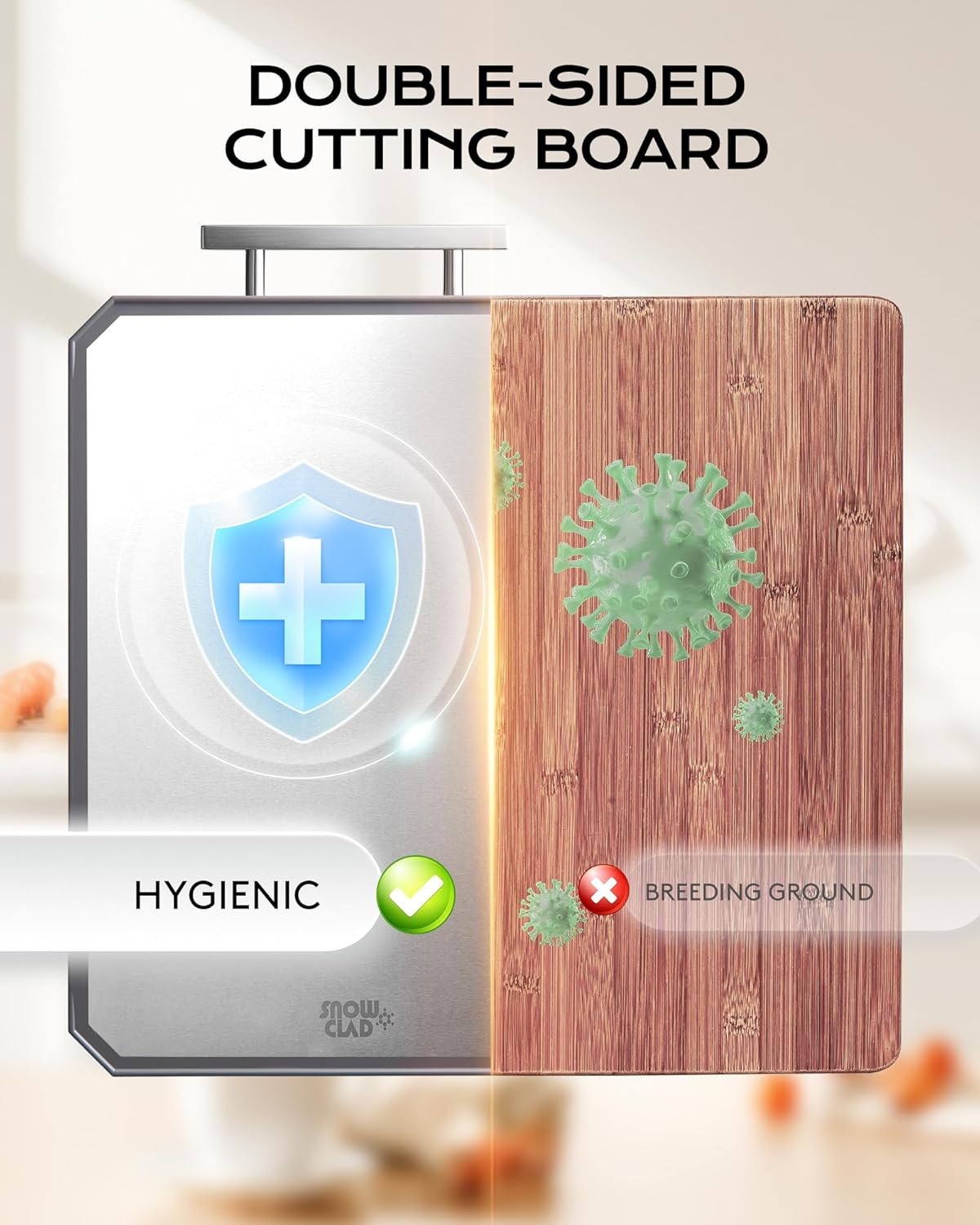 SNOWCLAD Stainless Steel/Wheat Straw Pp Large Cutting Board, 13"L X 10"W, Brown and Silver, Double Sided, Juice Groove, Non-Slip Handle, Dishwasher Safe, Non-Toxic, for Meat, Veggies, Fruits image number 4