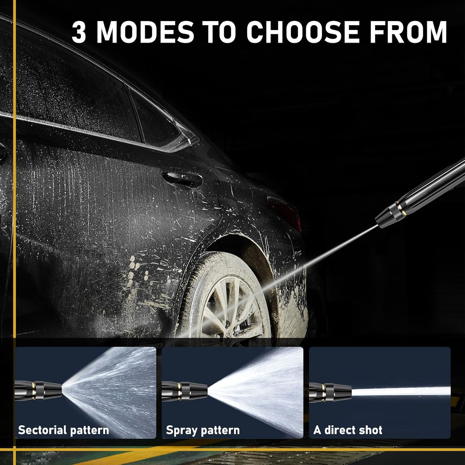 Garden Hose Nozzle with 3 Adjustable Patterns & 4 Connectors, Metal High Pressure Hose Nozzle Heavy Duty, Outdoor Water Hose Sprayer Nozzle Tools for Car Plant Dog Wash image number 3