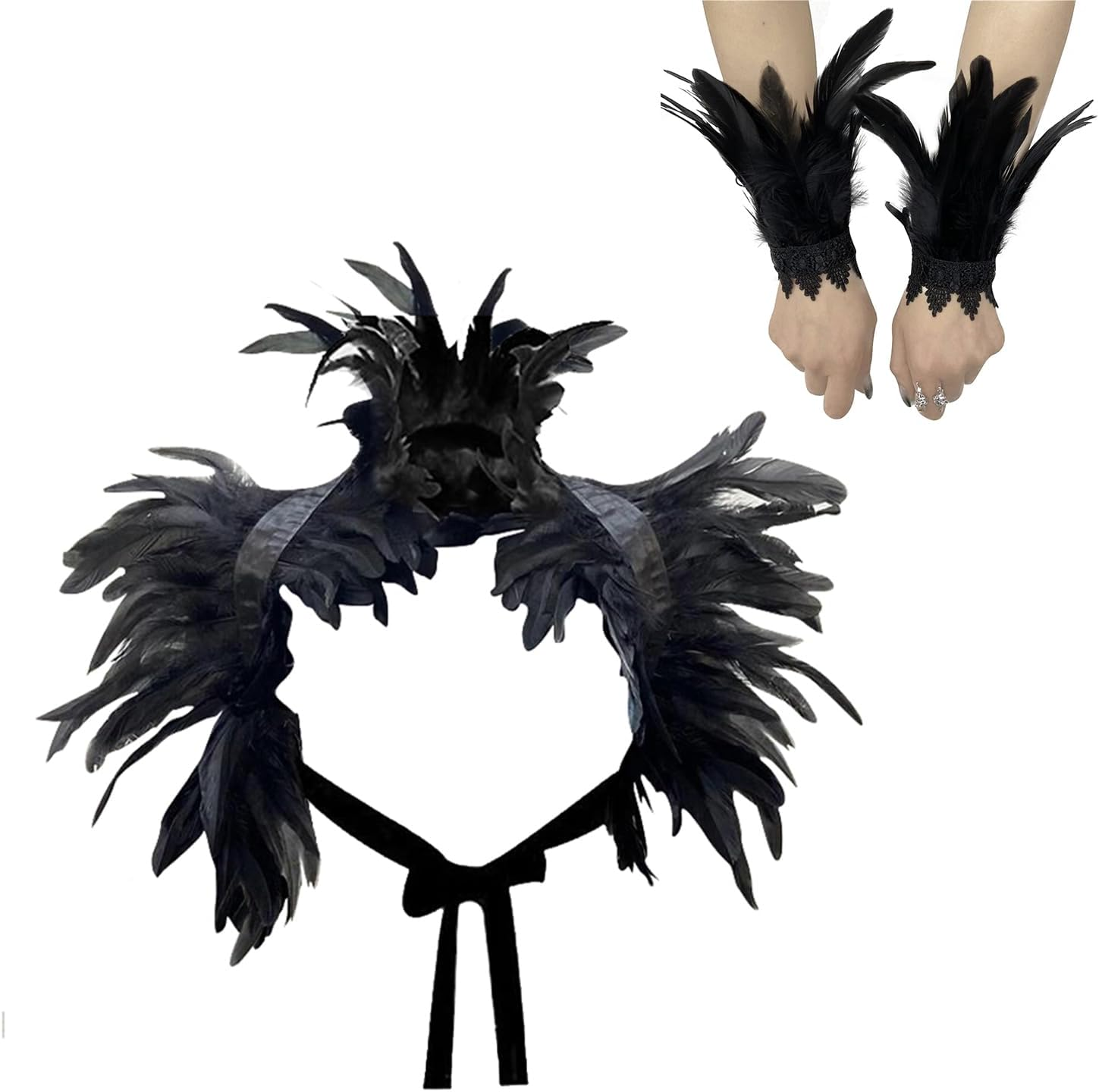 Gothic Feather Shrug Shoulder Strap and Feather Wrist Cuffs Set Cosplay Feather Cape Shawl Wrap Costume Halloween Party Tie Scarf Bib Lace Feather Wristband for Halloween Cosplay Fancy Dress Carnival image number 4