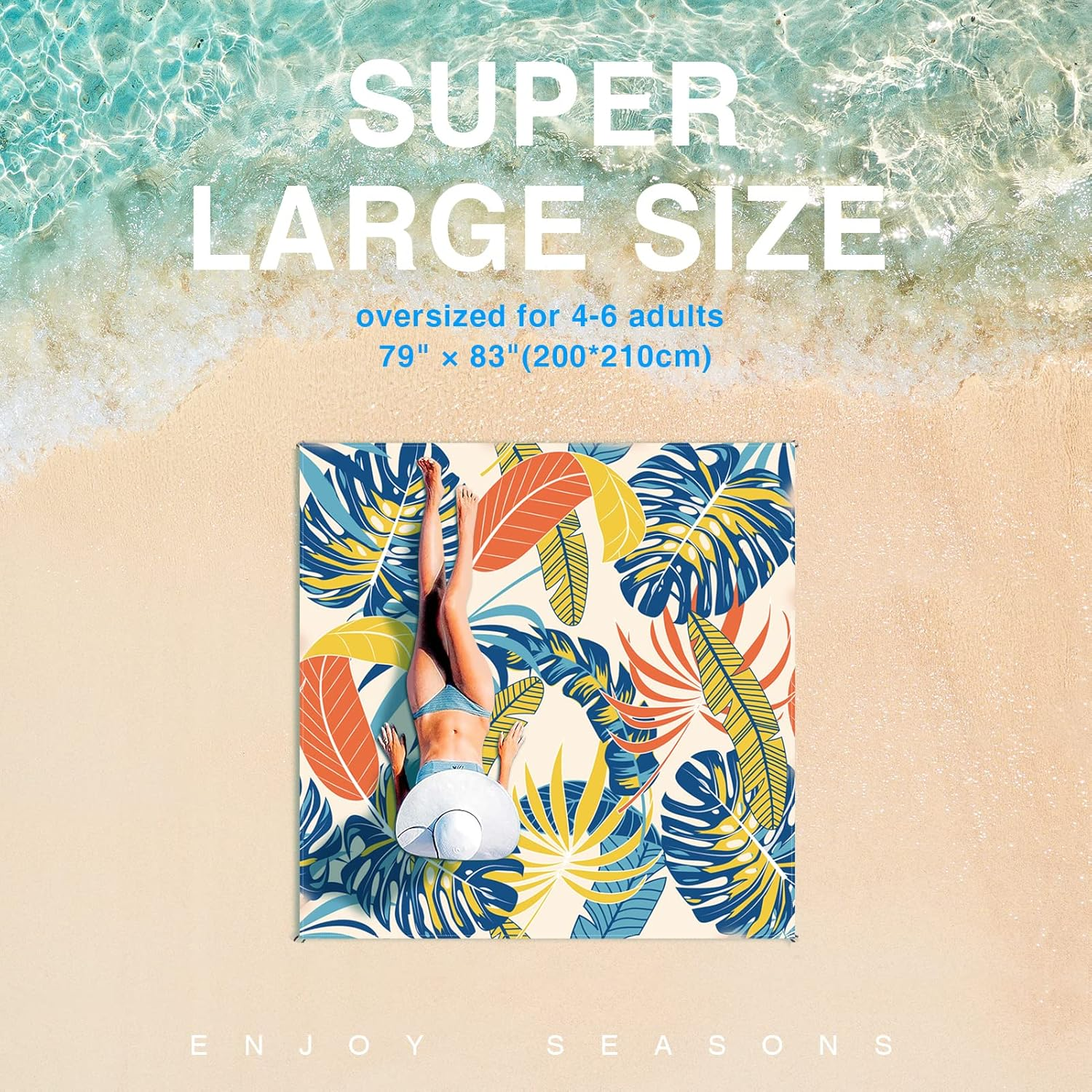 Beach Blanket Sandproof, Waterproof Beach Mat Oversized 79 X 83 Inch for 4-6 Adults, Lightweight Beach Blanket for Outdoor Travel Camping Hiking - Blue image number 2