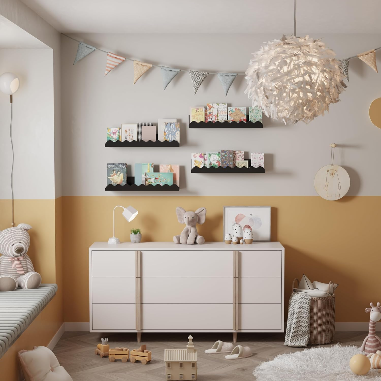 Kids Nursery Bookshelves, 4 PCS White Floating Book Shelves, Picture Ledge Shelf for Wall Decor and Storage - Perfect for Books, Toys, Photo Frames, and Nursery D&eacute;cor (Black)（16.5 * 3.34 * 1.97''） image number 4