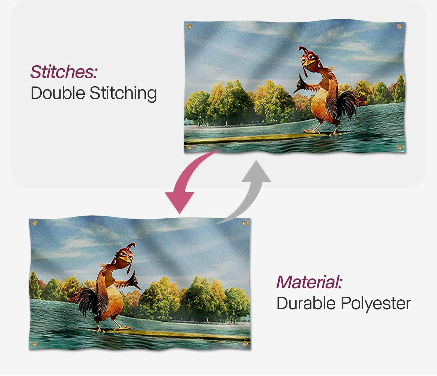 Chicken Joe Flag 3X5Ft Funny Cool Flag Banner Surf'S up Vibrant Colors for College Dorm Room Decorations Double Sewing Edges and 4 Shiny Brass Grommets (3X5Ft) image number 2