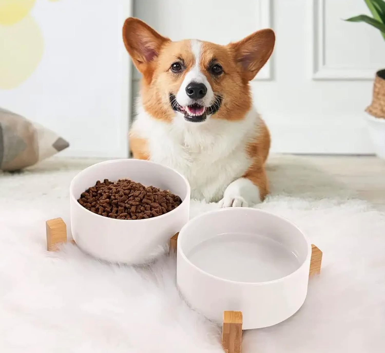 Pet Bowls No Spill Marble, Elevated Ceramic Pet Food, Wooden Bamboo Stand, Cats, Rabbits, & Small Dogs, Durable & Easy to Clean. Single or Double. Special Treat for Your Pet (White Double) image number 2
