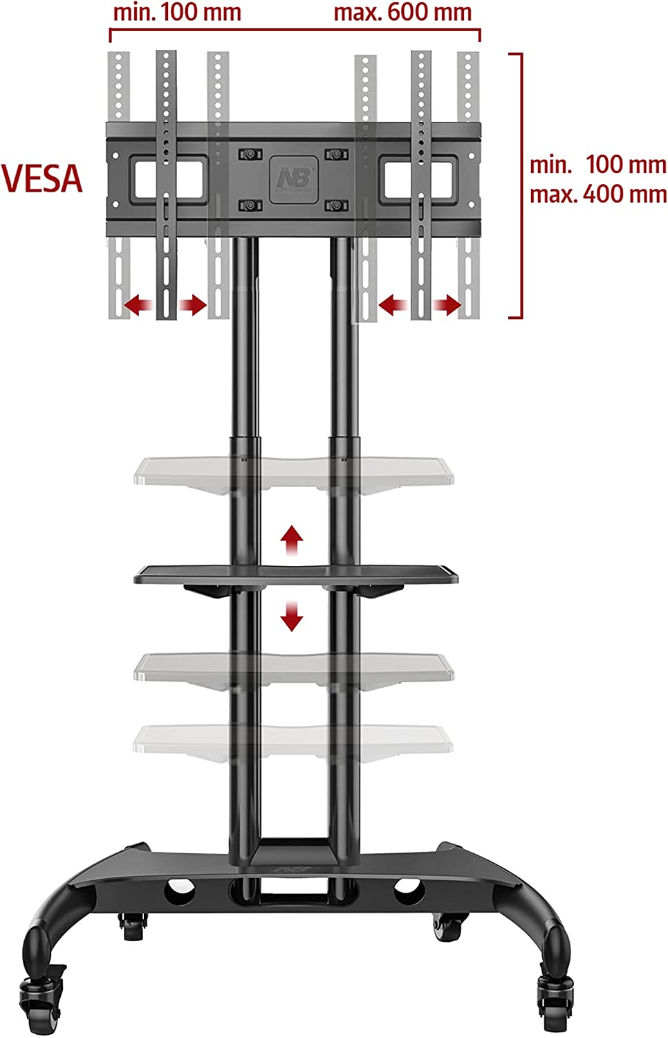NB North Bayou TV Floor Stand with Wheels, Universal Rolling TV Cart with Storage Shelf - Height Adjustable TV Stand Trolley for 75 65 55 40 32 Inch Tvs for Home Office, Max Load 45.5KGS image number 5
