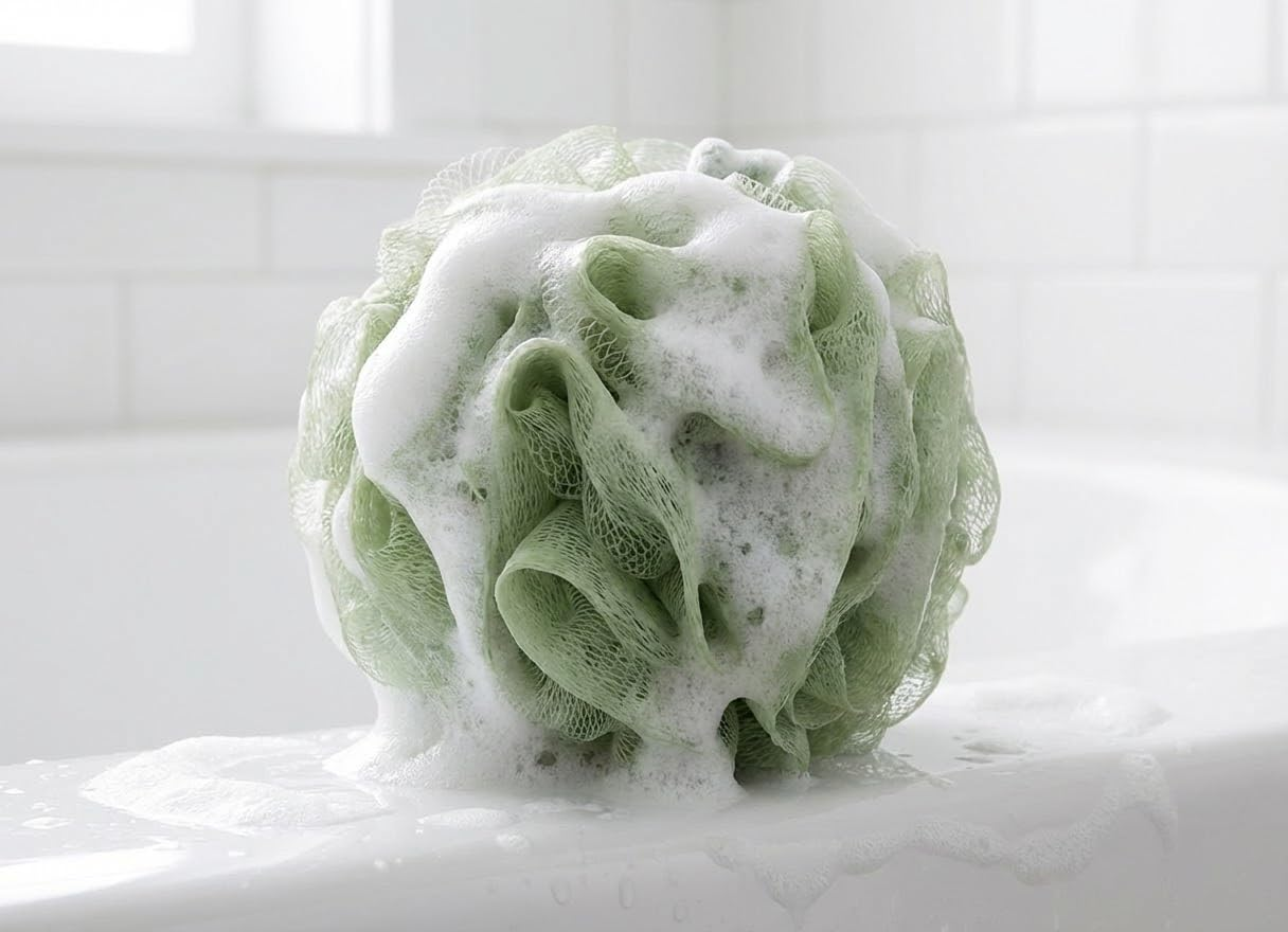 (Green) - SPHTOEO Bath Shower Sponge Loofahs Mesh Pouffe Shower Bath Ball Brush (Green) - Grey image number 3