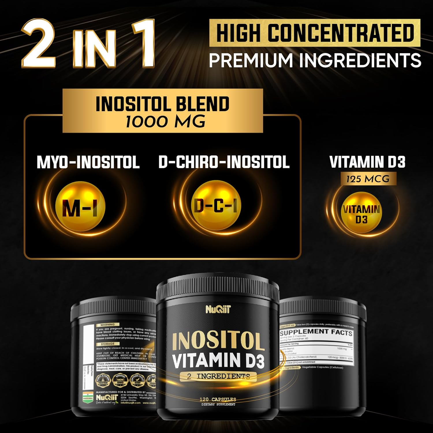 Inositol Supplement 1000Mg with Vitamin D3 5000 IU 625% -120 Capsules for 2-Month Supply image number 3
