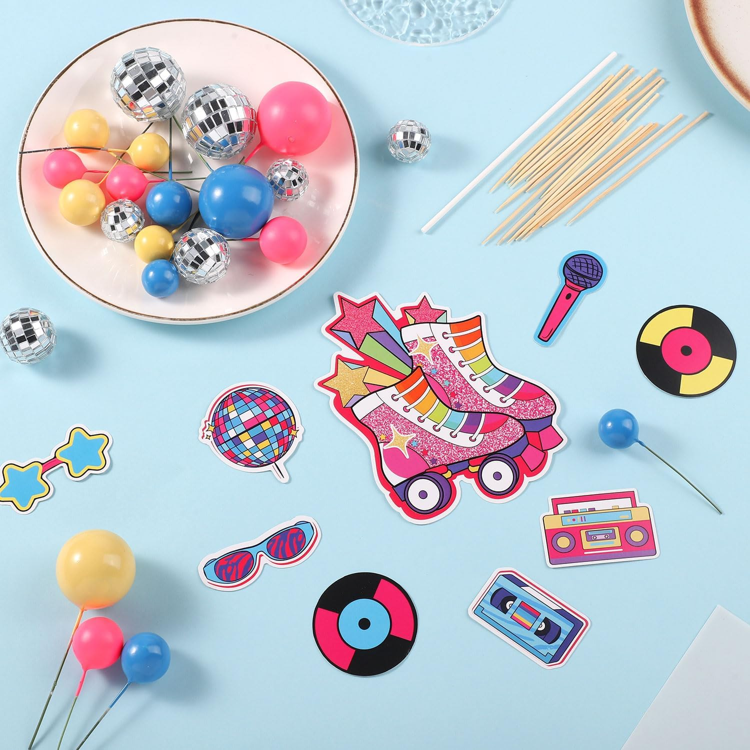 31Pcs Roller Skate Cake Toppers, Disco Ball Cake Topper Retro 80S 90S Cake Toppers Hip Hop Theme Cake Decorations Rolling Skate Party Decorations image number 5