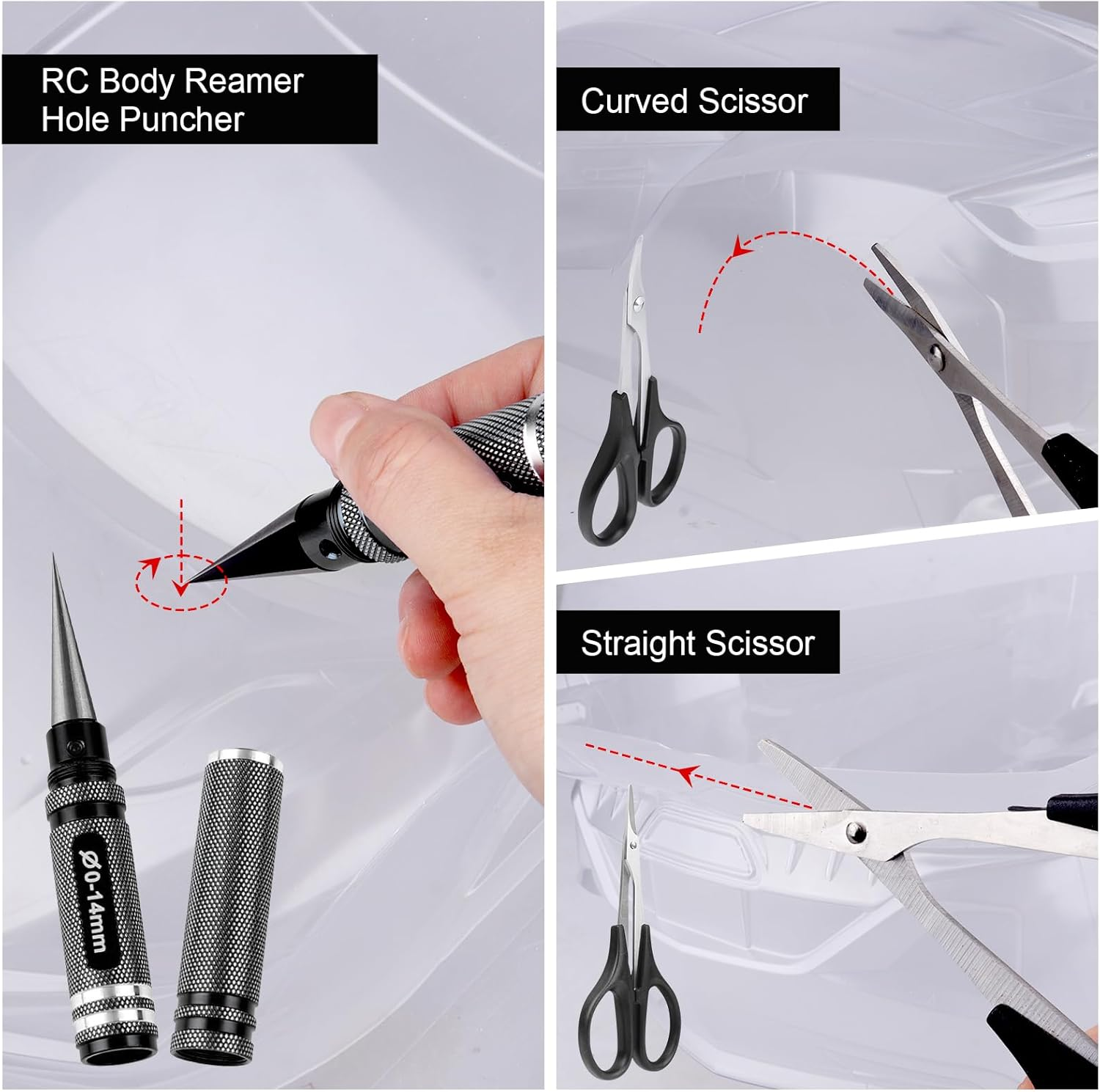 RC Body Reamer Hole Puncher, Curved Scissors & Straight Scissor RC Car Body Mounting 3Pc Combo Set,0-14Mm Hole (Black) - Black image number 2