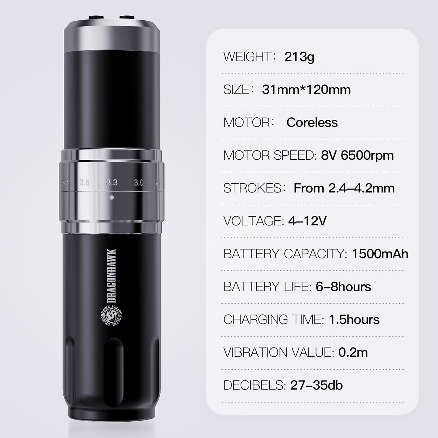 Dragonhawk Wireless Tattoo Gun Machine 2 Batteries 1500Mah 7 Strokes Length 2.4Mm - 4.2Mm for Beginners image number 5