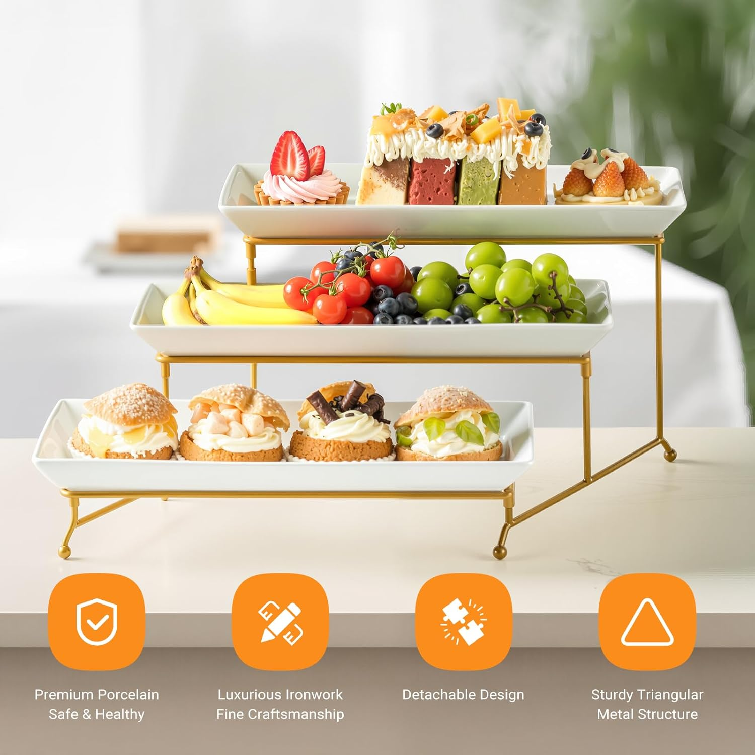 Top G 3 Tier Serving Tray with Stand,Cake Stands Porcelain Tiered Serving Platters Dishes with Collapsible Sturdier Rack, Dessert Display Stand for Party Entertaining, Food Presentation, Gold,14Inch