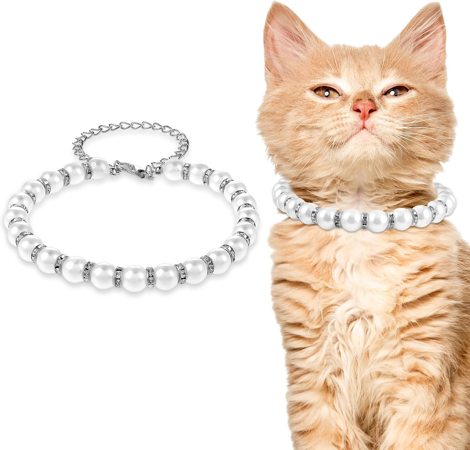 Dog Cat Pearl Collar,Rhinestones Cat Necklace Collar Cute Pearl Crystal Dog Collar Pearl Diamond Dog Necklace Jewelry for Small Dog Cat Wedding Birthday Party (White, M)