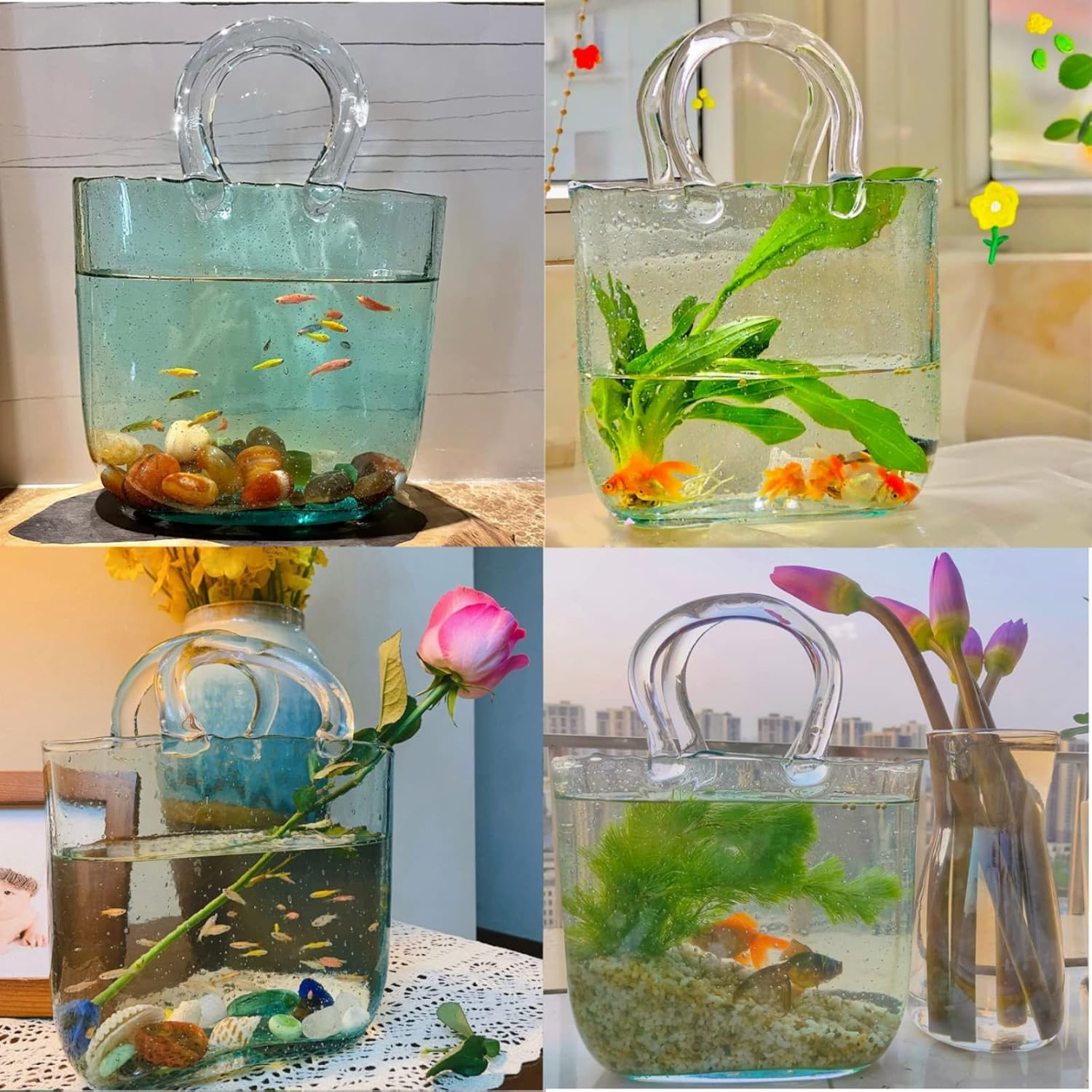 IUIBMI Glass Bag Vase for Flowers, Hand Blown Clear Purse Vase with Bubbles in It, Clear Glass Vase with Handles, Handbag Shape Flower Vase, Unique Fish Tank for Home Wedding D&eacute;cor (Clear) image number 3
