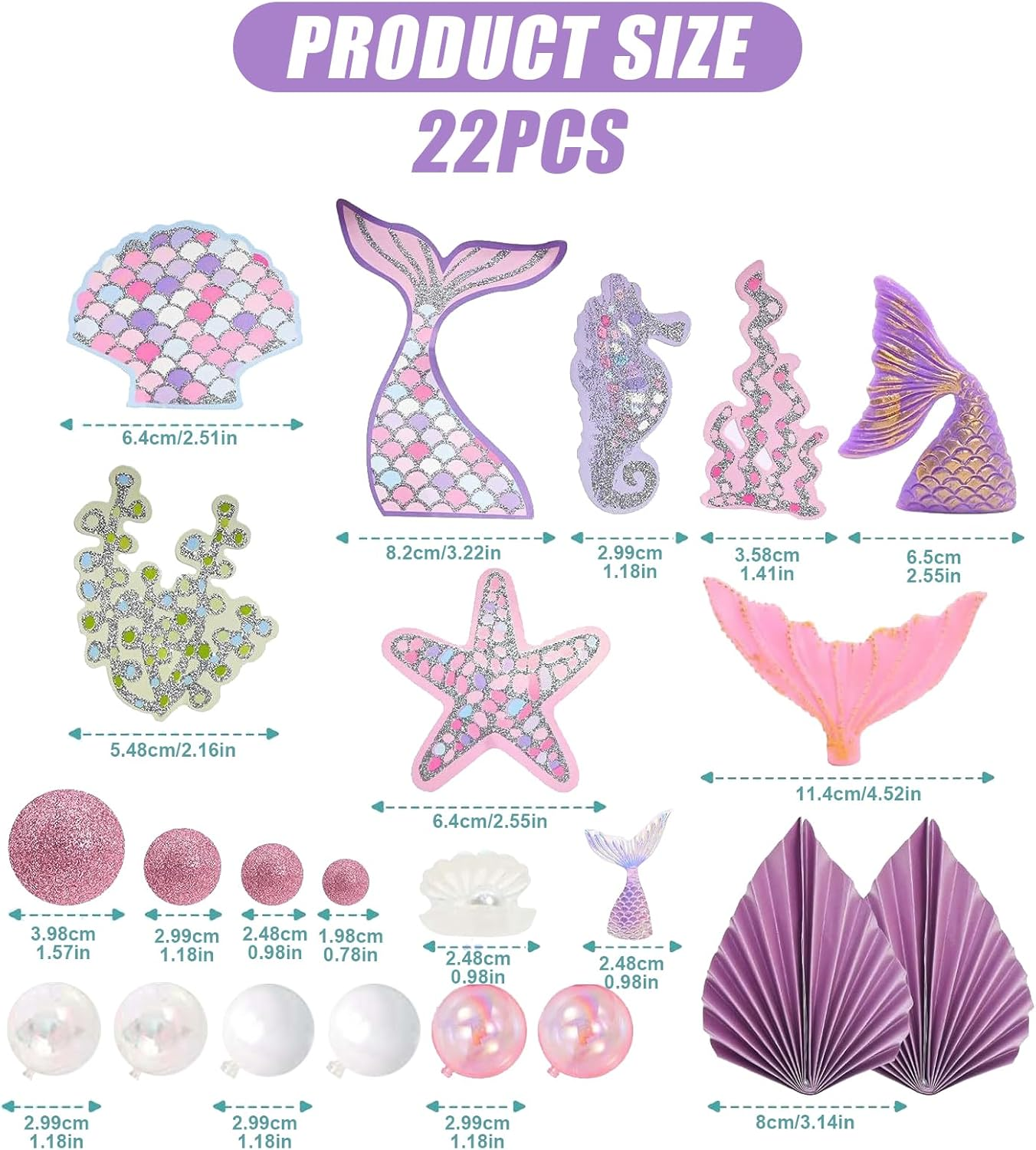 22 Pcs Mermaid Cake Topper, Mermaid Theme Cake Decorations Tail Starfish Seaweed Shell Seahorse Bubble Palm Leaf Cupcake Picks for under the Sea Theme Baby Shower Birthday Party image number 3