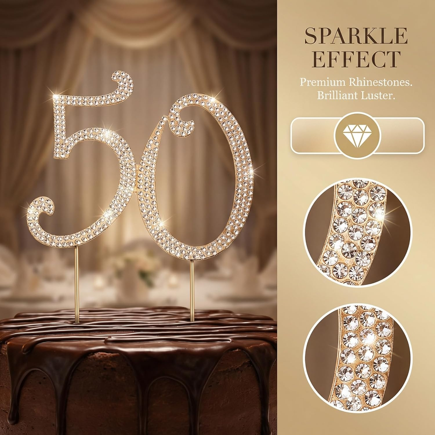 Toddmomy 50 Gold 50Th Anniversary Bling Rhinestone 50Th Birthday Crystal Cake Decoration image number 1