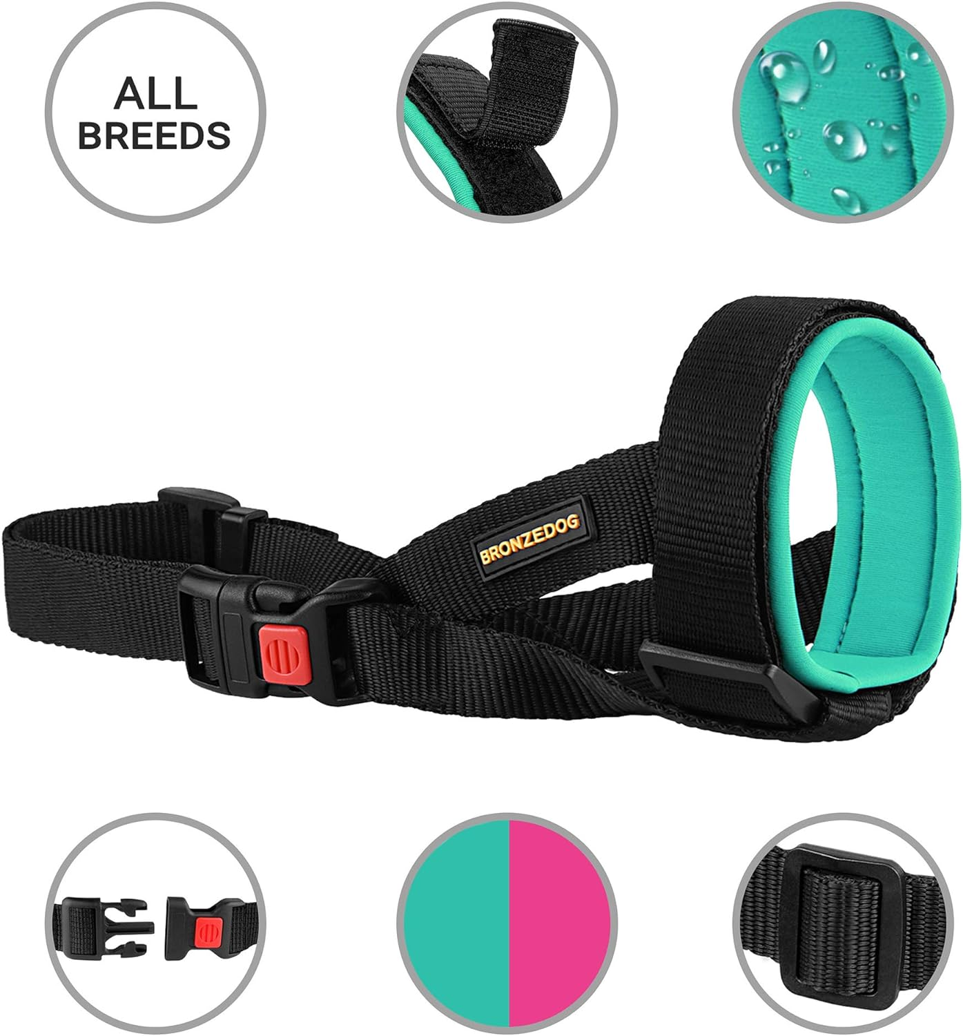 BRONZEDOG Soft Padded Nylon Dog Muzzle Adjustable Neoprene Comfort Bitting Chewing Pet Muzzles for Small Medium Large Dogs Puppy (Mint Green, Medium) image number 4
