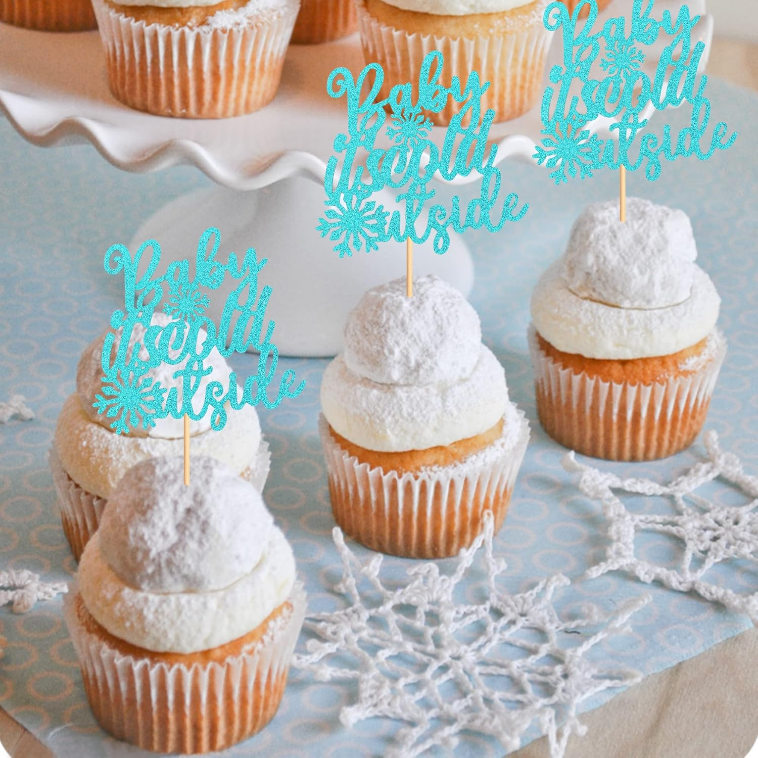 24Pcs Snowflake Baby It'S Cold outside Cupcake Toppers Glitter Blue Baby It'S Cold outside Cupcake Picks for Winter Baby Wonderland Xmas Baby Shower Party Cake Decor Supplies image number 1
