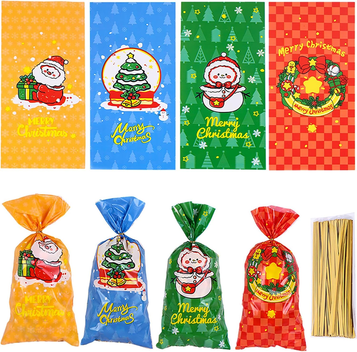 Christmas Treat Bags, 50 Pack Christmas Cellophane Treat Bags, 13 X 27Cm Treat Candy Bags with 50 Pcs Twist Ties for Cookie Goodies Gift Present Wrap Xmas Party Favor Supplies, 4 Styles image number 2