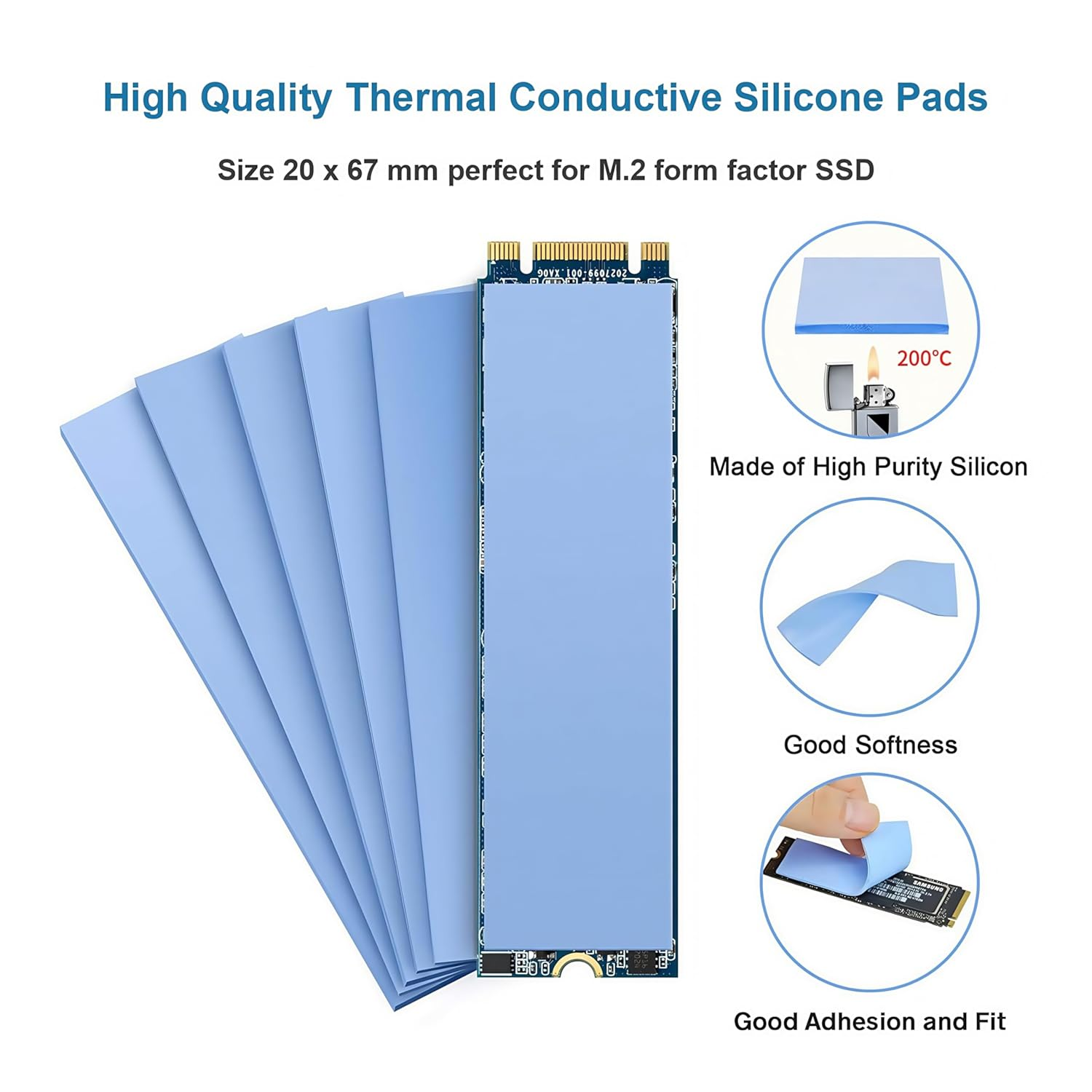 12 Pack Assorted Thickness 0.5 1.0 1.5 Mm Thermal Conductive Silicone Pads with 6.0 W/Mk Thermal Conductivity, Soft Safe Simple to Apply for SSD CPU GPU LED IC Chipset Cooling -Blue - 12-Pack Blue image number 3