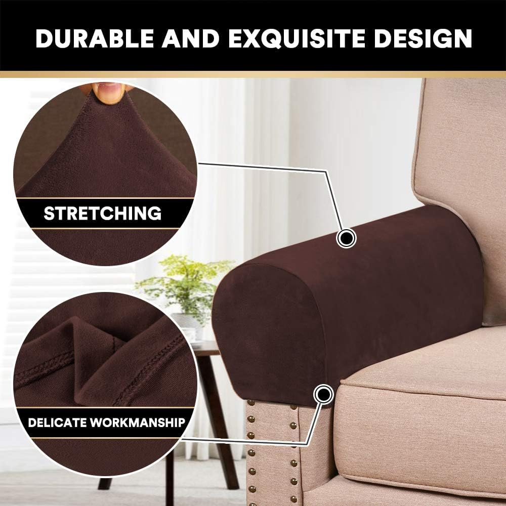 2 Pcs Real Velevt Stretch Armrest Covers Anti-Slip Furniture Protector Soft Velvet Armchair Armrest Cover Slipcovers for Sofa, Brown image number 2