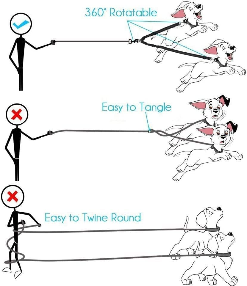 Double Dog Lead Coupler, No Tangle 360&deg;Swivel Rotation Two 2 Dog Lead Splitter, Heavy Duty Adjustable Bungee Reflective Dual Dog Leash for Walking Medium Large Dog (Black-Small)