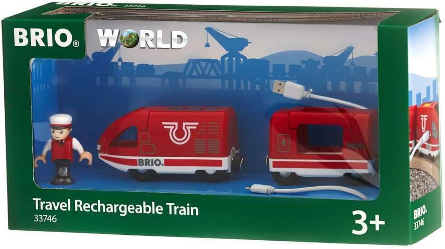 BRIO World 33746 Travel Rechargeable Train 4 Pieces, USB Charging Engine with Lights & Sounds, Wooden Railway Set for Kids Age 3+ image number 1