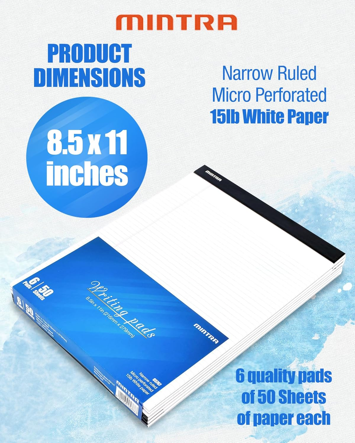 Mintra Office Legal Pads - ((Basic White 6Pk, 8.5In X 11In, Narrow Ruled)) - 50 Sheets per Notepad, Micro Perforated Writing Pad, Notebook Paper for School, College, Office, Business image number 2