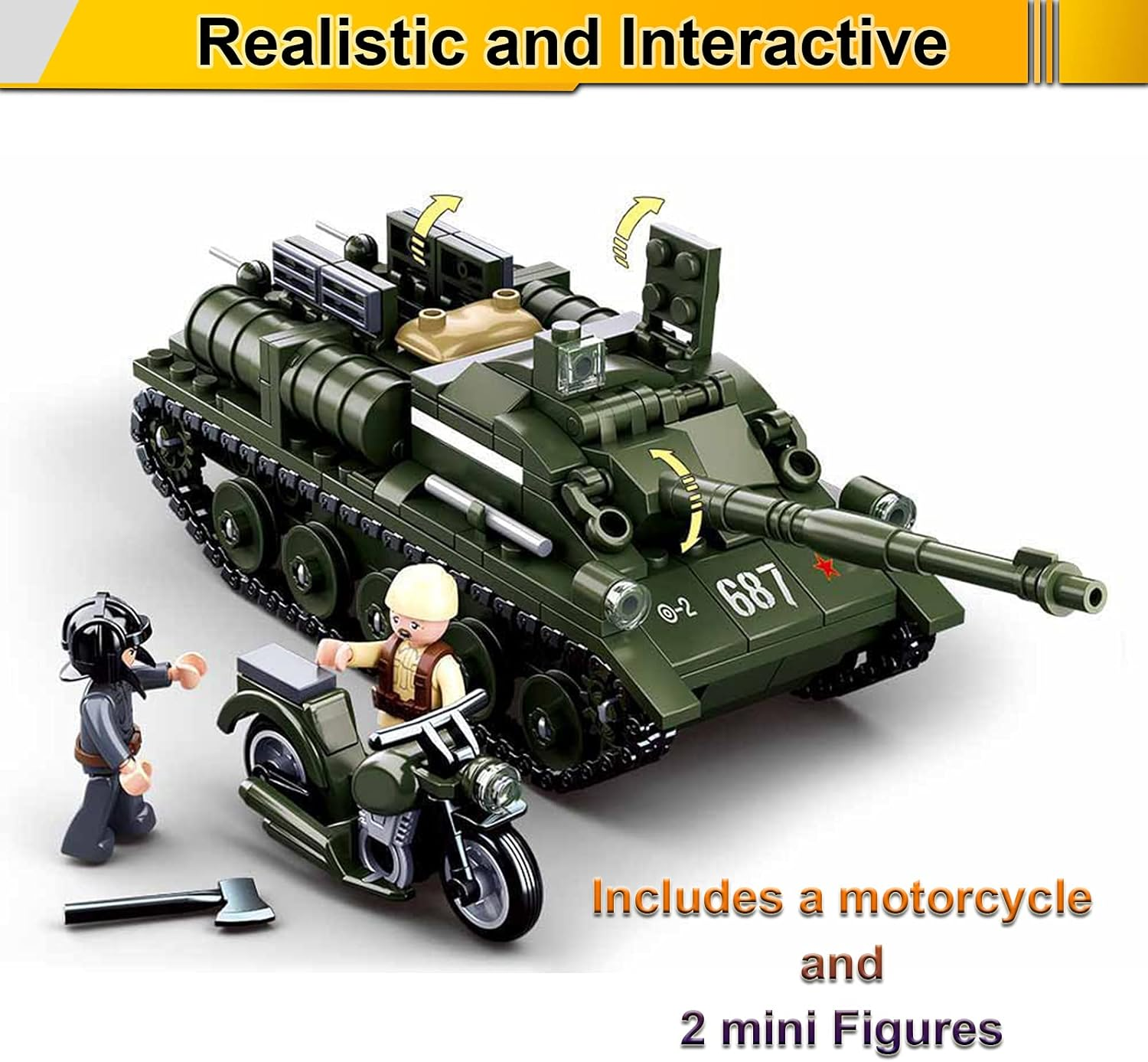 Military Army WWII SU-85 Tank Destroyer Vehicle Building Kit Army Series Building Block Set with 3 Soldier Figures, Best Roleplay STEM Construction Toy for Boys Girls (338 PCS) image number 2