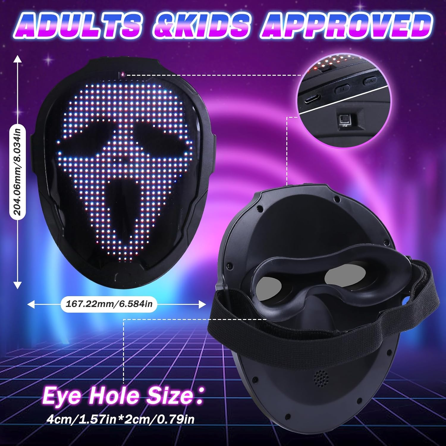 Quntis Face Transforming LED Mask for Adults & Kids, 80 Pattern Glowing LED Halloween Digital Luminous Mask for Costume Cosplay image number 6