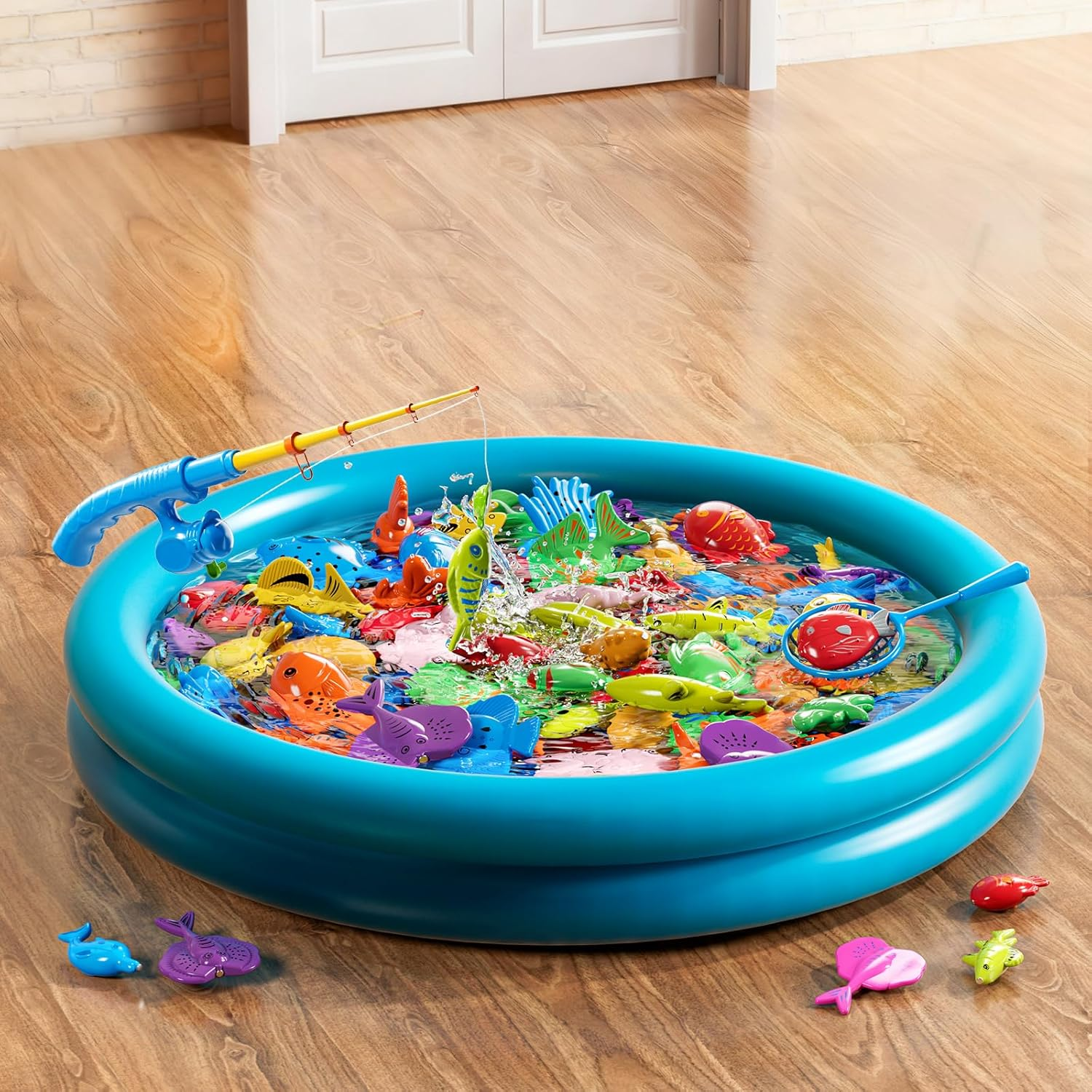Pool Fishing Toys Games, Water Table Bathtub Toy with Inflatable Pool Pole Rod Net Plastic Floating Fish, Birthday Gifts for Kids Age 3 4 5 6 Year Old,Kids Outdoor Toys