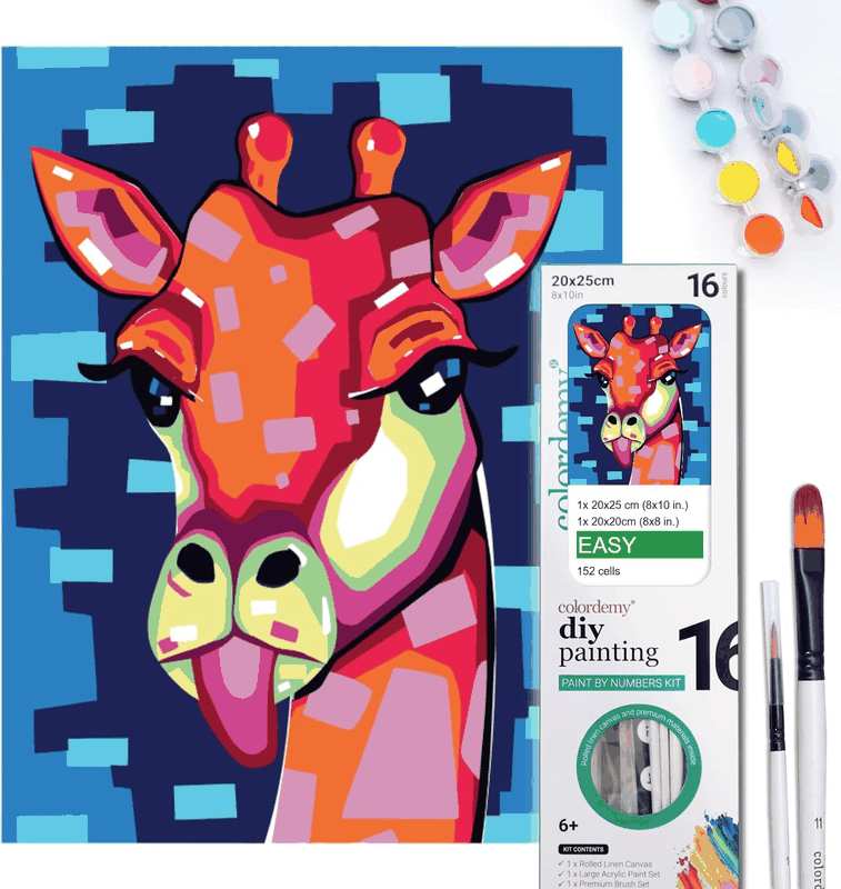 COLORDEMY 2-In-1 Paint by Numbers Kit - Rolled Canvases (20X25Cm & 20X20Cm), 16 Colours, Brushes & Paints Included - Fun for Adults & Kids, Perfect for Parties or Group Painting (Giraffe Design)