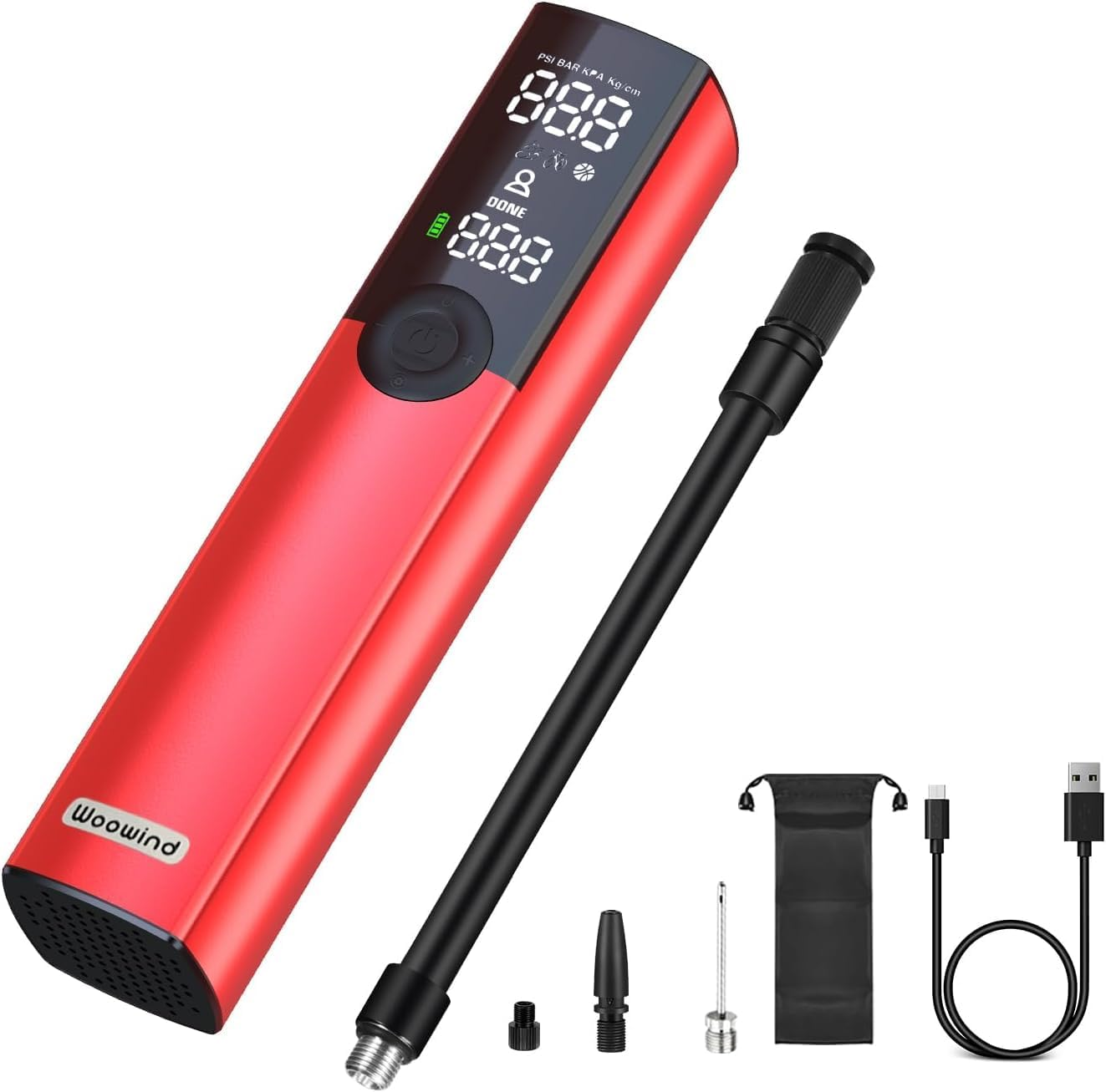Woowind BP188 Bike Pump Electric Bicycle Pump, Portable Tyre Inflator Air Pump for Car Tyres, Auto Shut-Off Tyre Pump with Presta, Schrader Valve, 120~150PSI and Rechargeable(Red) image number 6