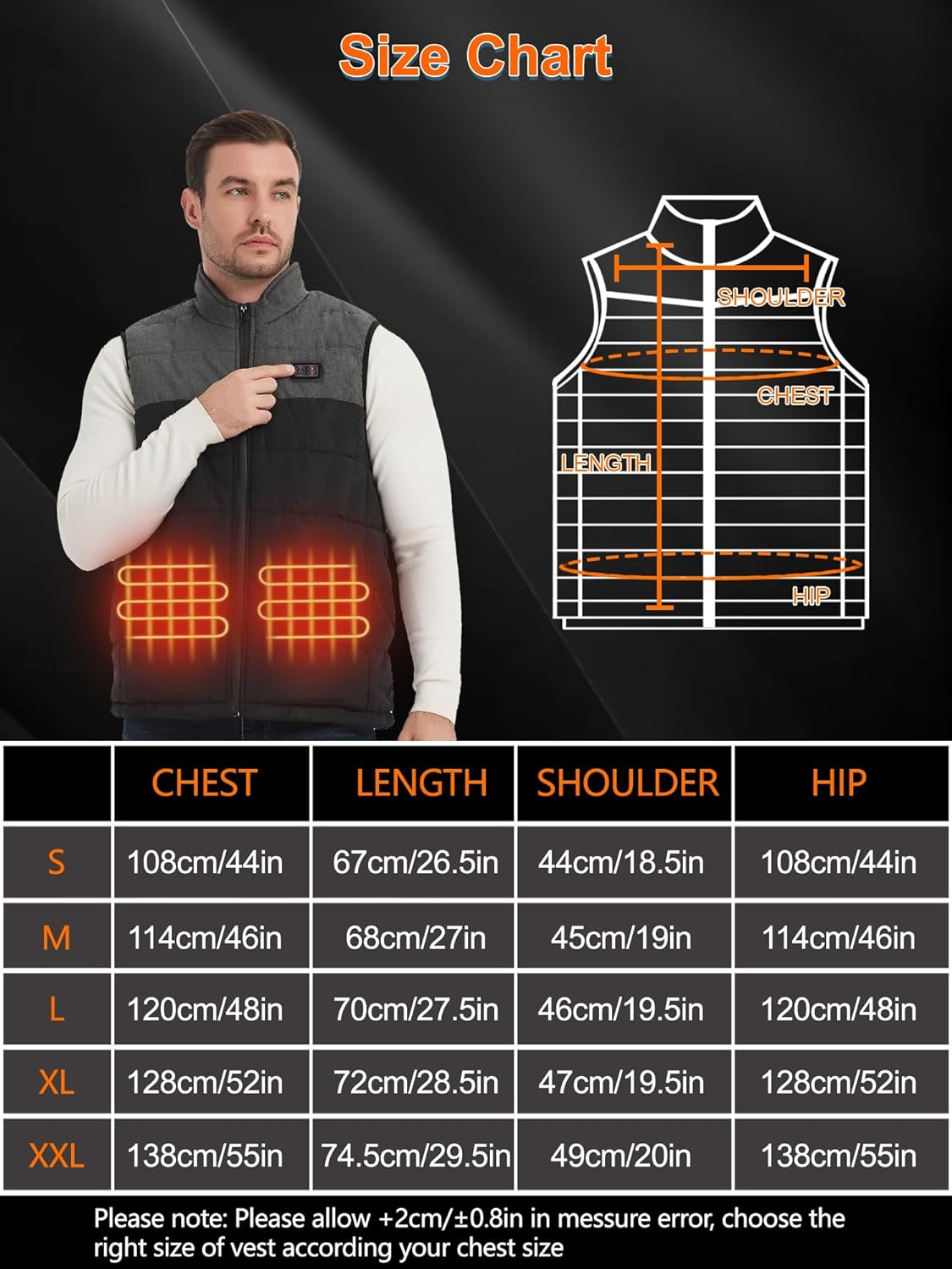Heated Vest for Mens Double Switch with 11 Heating Zones, Lightweight Heated Jacket with USB Charging Keep Warm Function for Outdoor(No Battery) image number 5