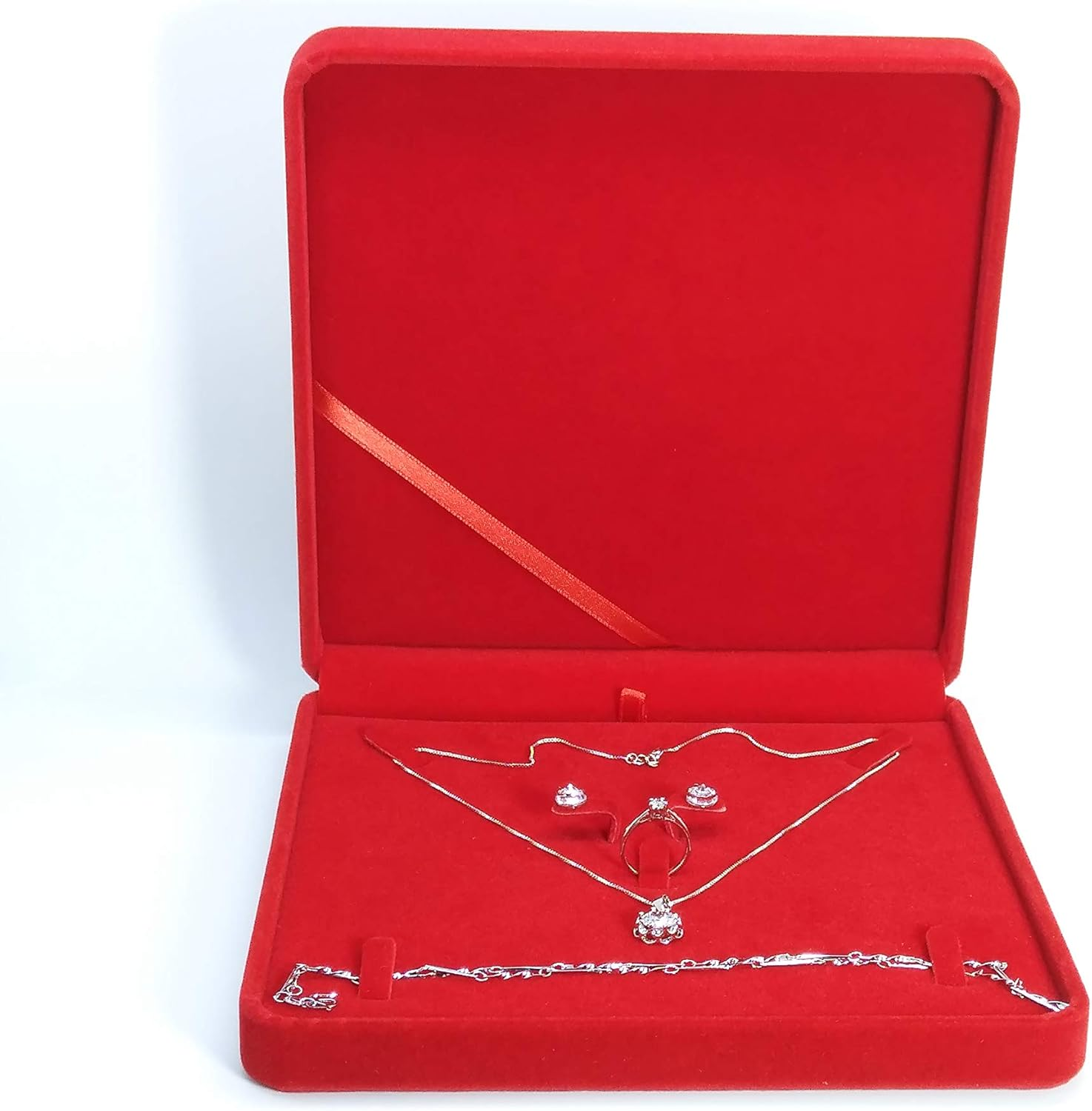 TIKIYOGI Jewelry Set Velvet Box Necklace Earring Ring Necklace Bracelet Gift Display Case Wedding Jewelry Storage Holder (Red) - Beige For Pearl Necklace image number 2