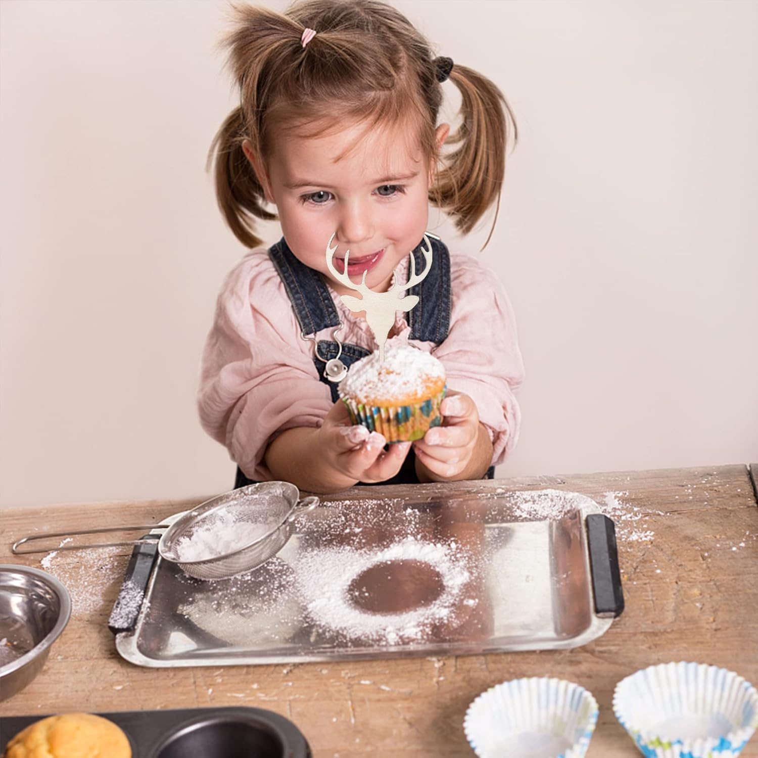 Rsstarxi 24 Pack Christmas Deer Cupcake Toppers Wooden Deer Antler Cupcake Picks for Baby Shower Wedding Hunting Rustic Country Kids Birthday Christmas Party Cake Decorations Supplies image number 2