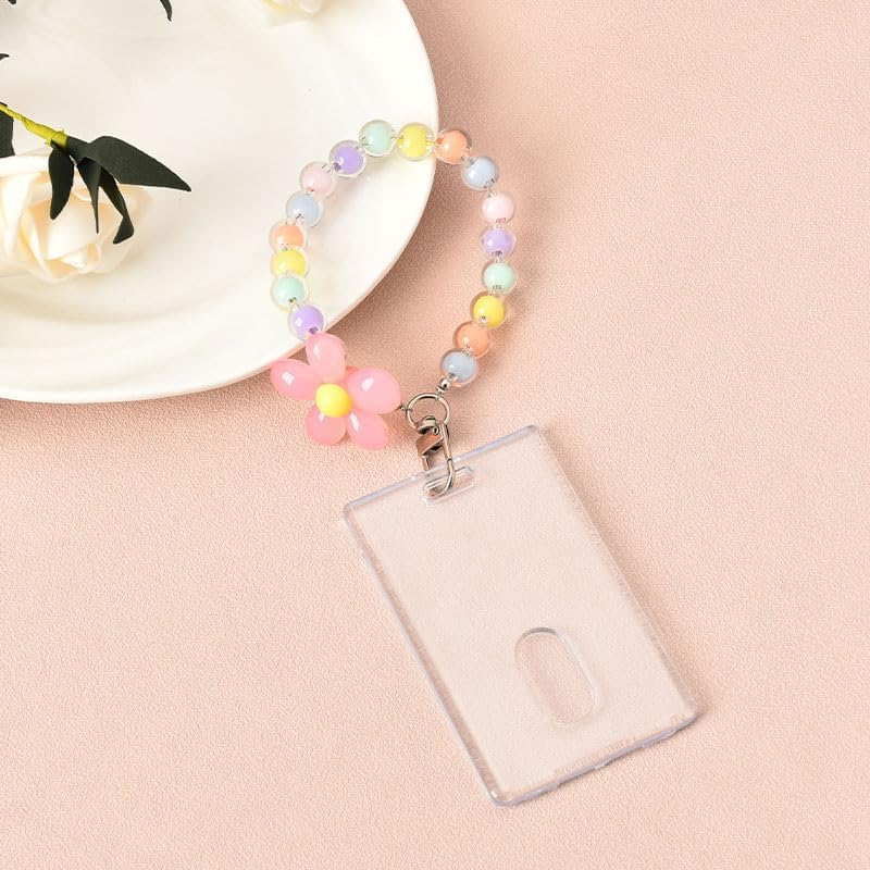 Kpop Photo Card Holders Keychains Acrylic Coloful Beads Flower Pendant Transparent ID Card Sleeves Protector for School Bus Work Card Holders for Women Photocard Holder image number 3