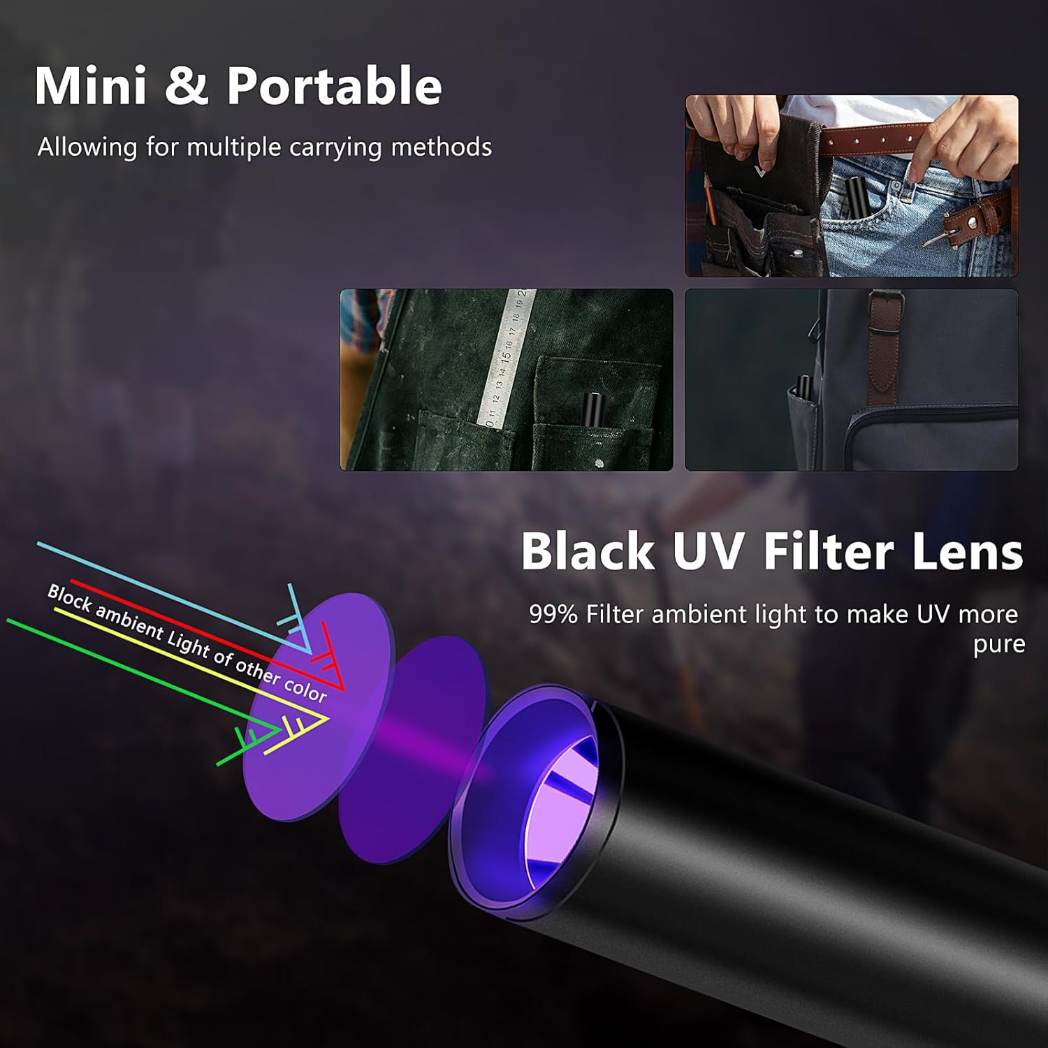 UV Torch 365 Nm & 395 Nm Black Light, Mini Strong Rechargeable UV Lamp, USB-C LED UV Light, Pet Urine Detector for Gel Nails, Resin, Amber, Uranium Glass, Scorpion, Money Checker, Set of 4 image number 1