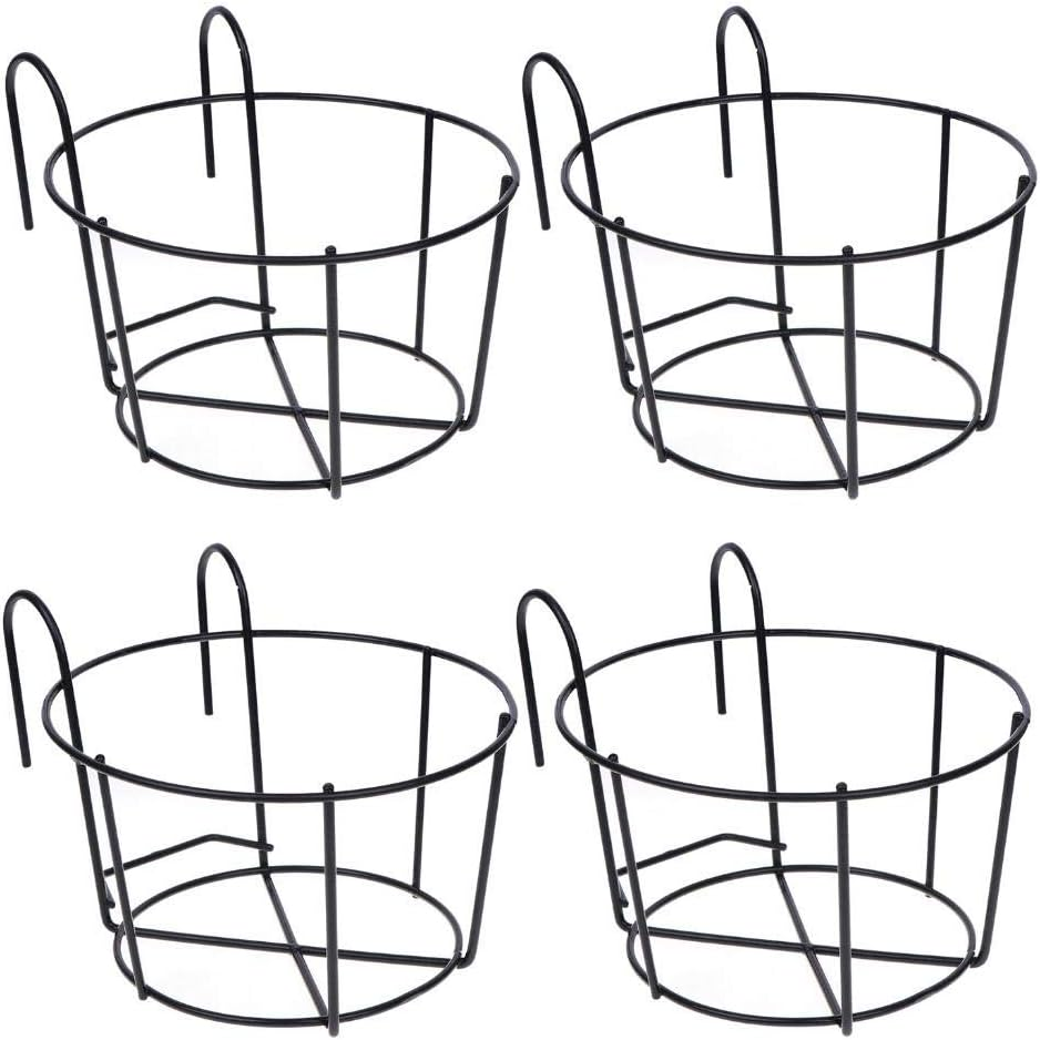 4 Pack Hanging Railing Planters Flower Pot Holders Plant Iron Racks Fence Metal Potted Stand Mounted Balcony round Plant Baskets Shelf Container Box for Indoor&Outdoor Use-Black,Garden Steel Pots,6.3"