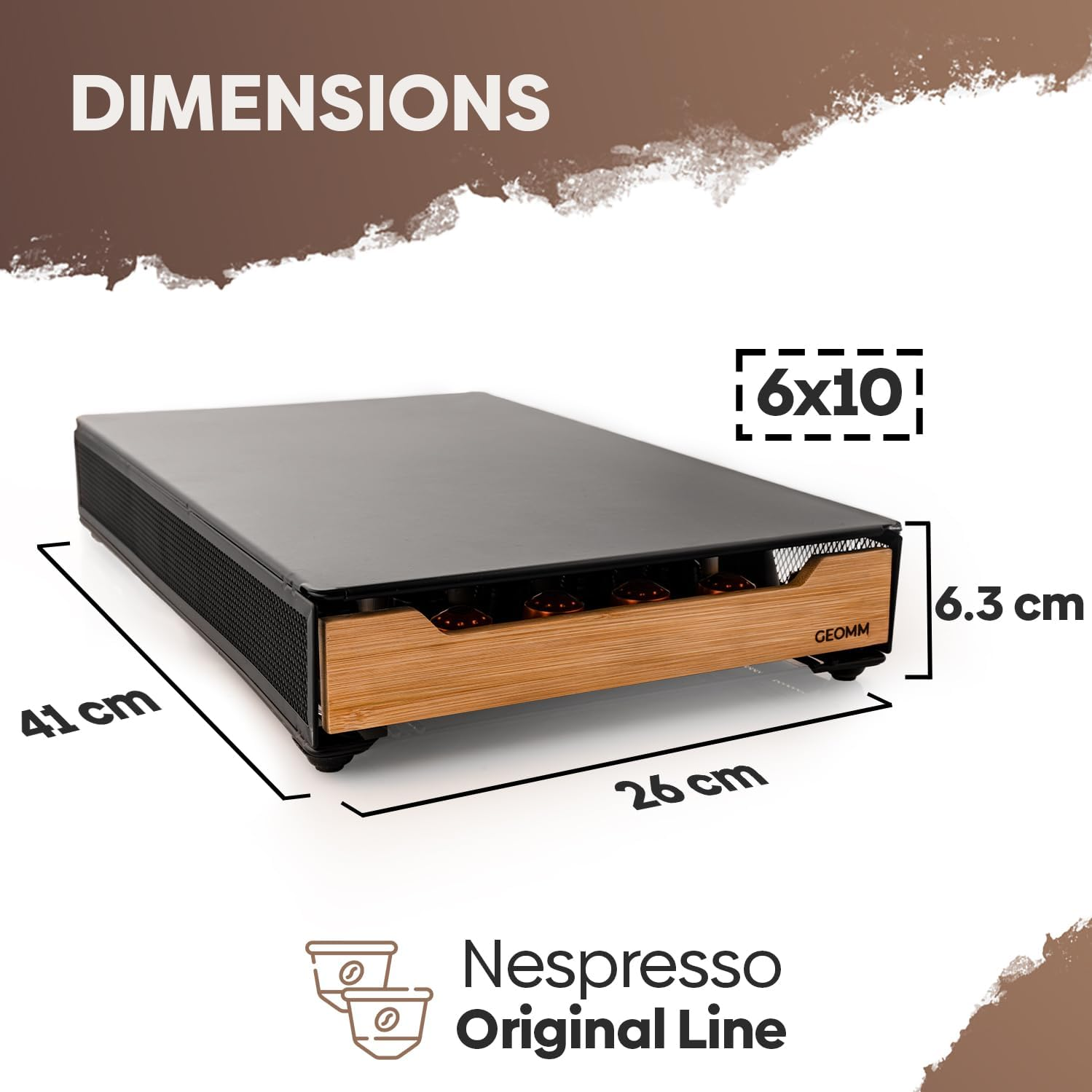 GEOMM Bamboo Storage Drawer for Nespresso Pods - 60 Capacity Metal Coffee Capsule Holder, Tea Organiser Tray - Coffee Machine Accessories image number 1